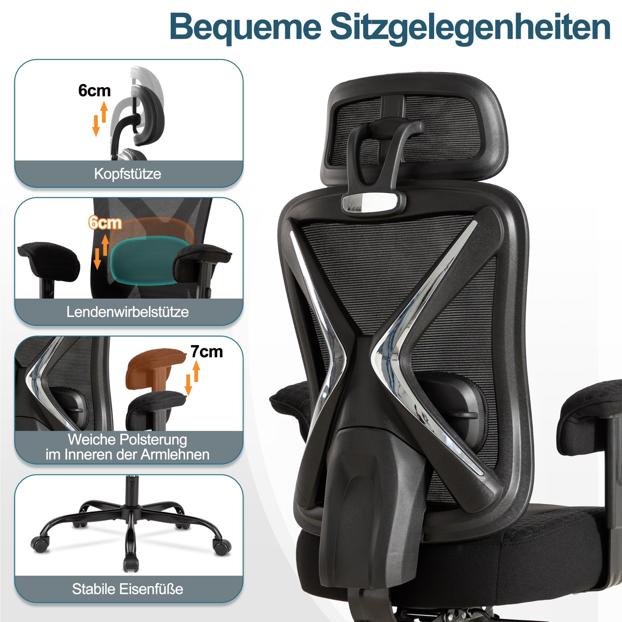 UEV Ergonomischer Bürostuhl 220kg mit Kopfstütze, Schreibtischstuhl Schwarz | Verstellbare Lendenwirbelstütze/Armlehnen, atmungsaktiv Netzbespannung, 13,5CM verdicke Sitzkissen,Home Office Chair