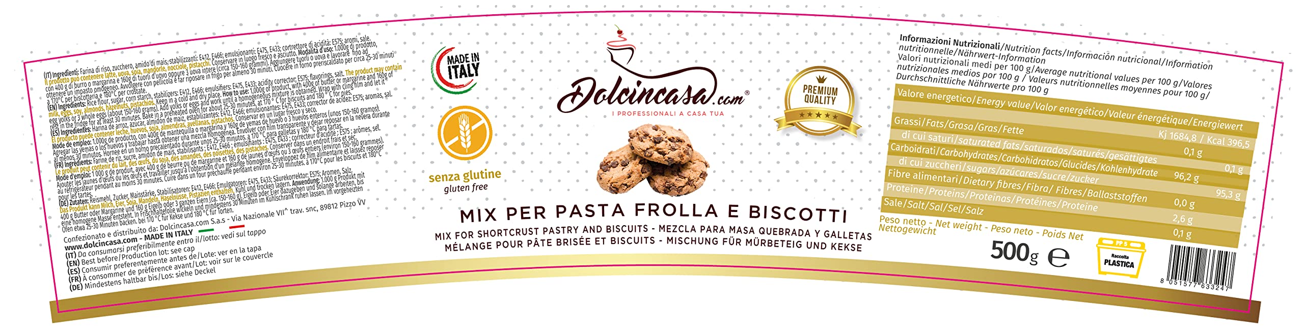 Dolcincasa-Preparato per Biscotti e Pasta Frolla Senza glutine 500g Italiano Mix in Polvere pronto all'uso