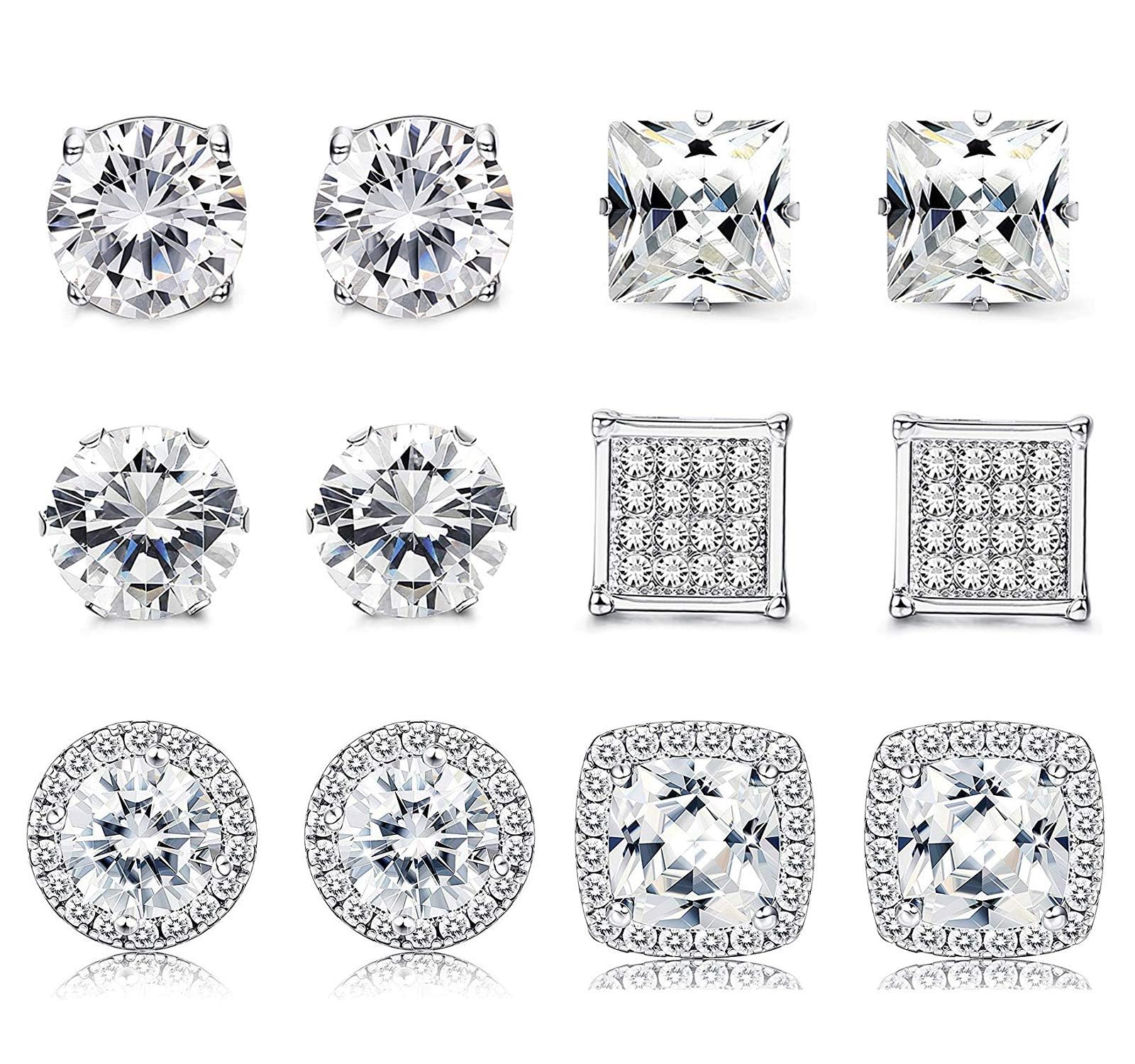 6 Pairs Stainless Steel Cubic Zirconia Stud Earrings for Women Men CZ Halo Earrings Set Round Square