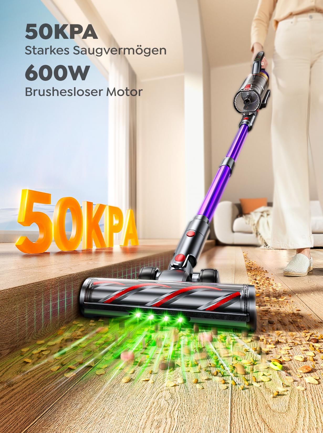 INTETURE Akku Staubsauger,50KPa/600W/65Min Staubsauger Kabellos mit wandmontierbarer Ladestation,Grünlicht-Automatikmodus&Touchscreen,Anti-Verhedderung-Bürste Kabelloser Staubsauge für Bodenbeläge