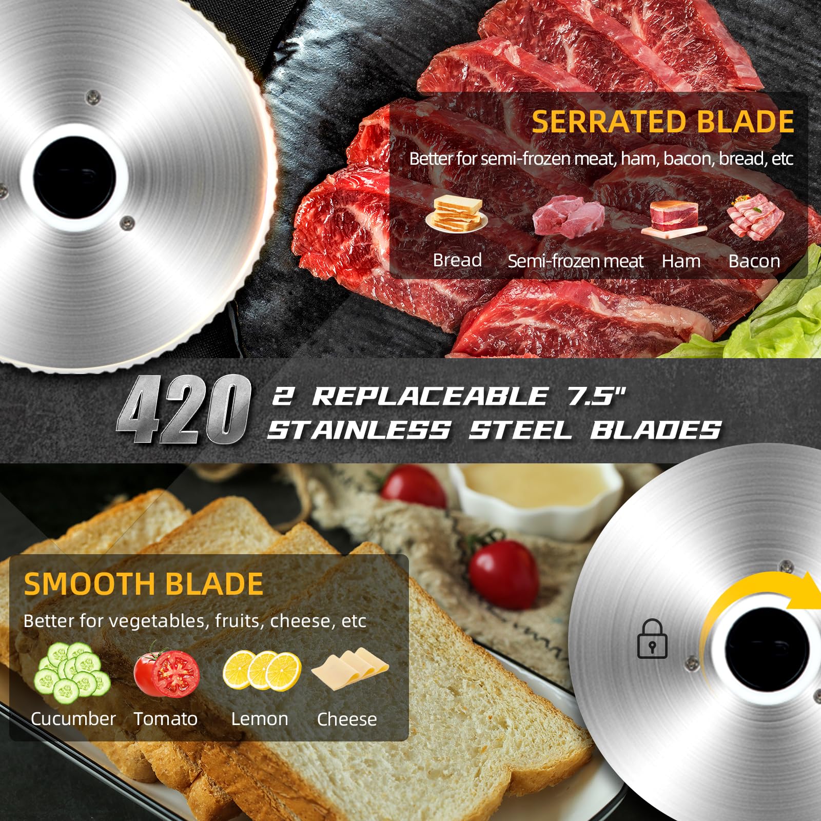 Cortadora de Carne Eléctrica 200W, Cortafiambres con 2 Cuchillas Inox 19cm, Grosor 0-18mm, Máquina Cortar Jamón, Pan, Cecina, 220V