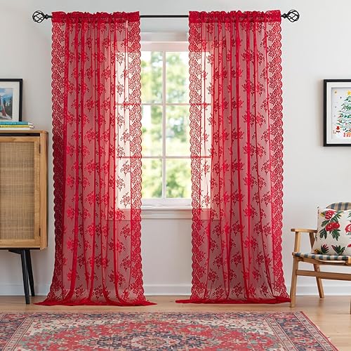 Miniatura 80 de Kotile Cortinas traslúcidas beige de 96 pulgadas de largo para sala de estar, 2 paneles de cortinas rústicas de encaje florales retro crema para