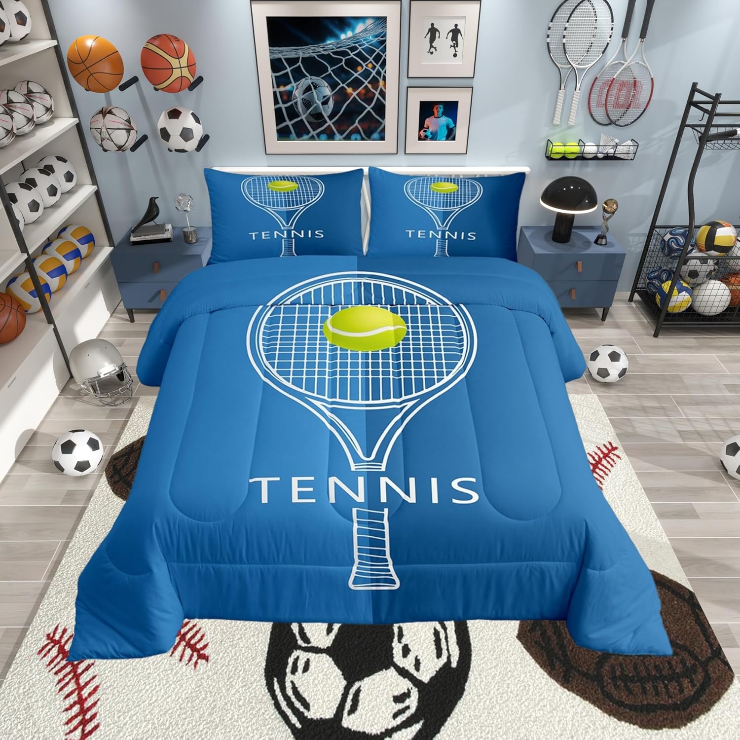 Castle Fairy Modern Tennis Sport Comforter Set for Kids Adults,Kids Boys Ball Game Tennnis Lover Bedding Comforter Sets Queen,Cartoon Racket and Ball Graffiti Quilt Comforter with 2 Pillowcases