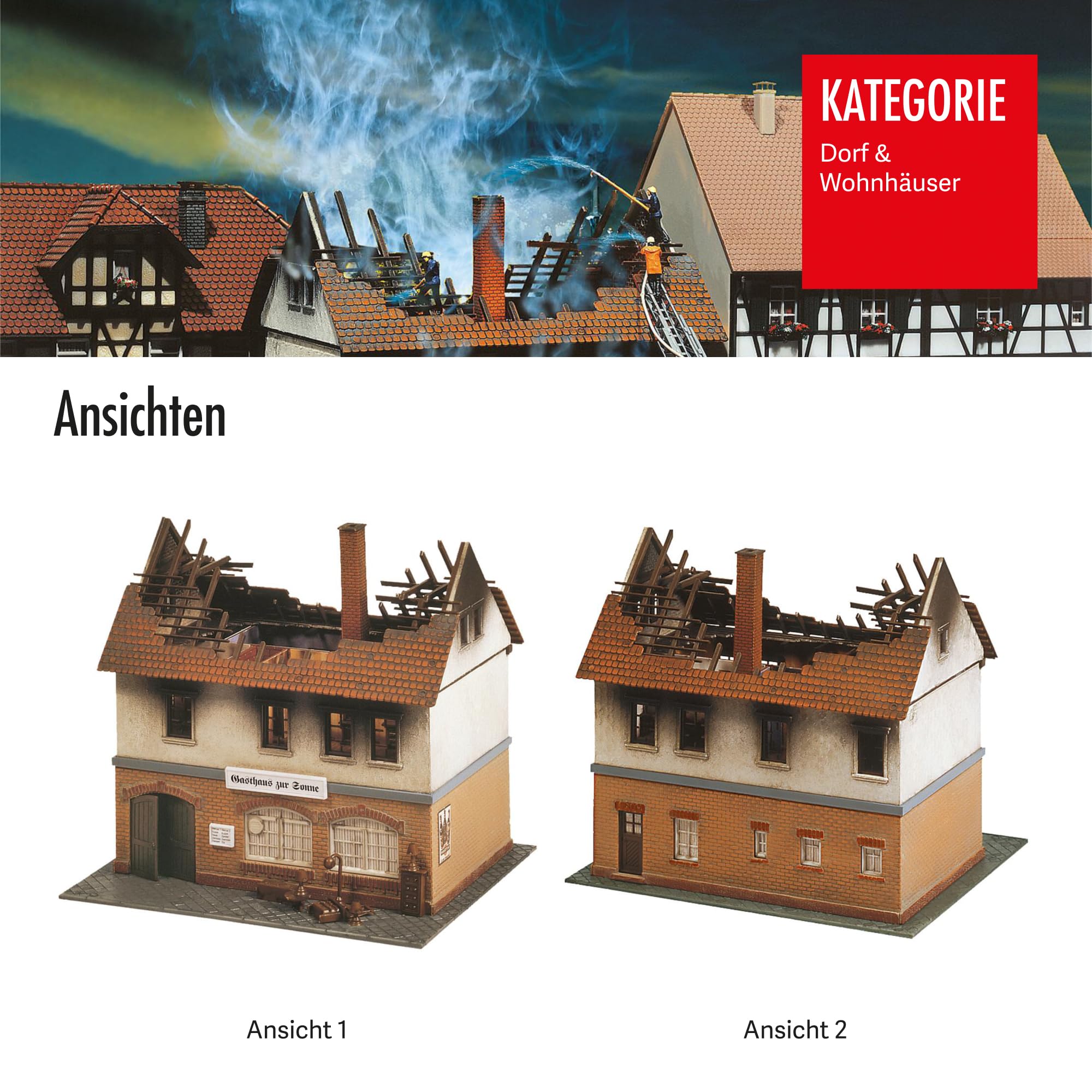 FALLER Brandruine Gasthaus Zur Sonne Modellbausatz mit 114 Einzelteilen 136 x 119 x 119 mm I Modelleisenbahn Zubehör H0 I Modelleisenbahn H0 Gasthaus, Weiß