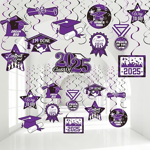 Decoraciones para fiestas de graduación 2022, 30 unidades de remolinos colgantes de aluminio con diseño de estrellas, toga, diplomas, serpentinas de
