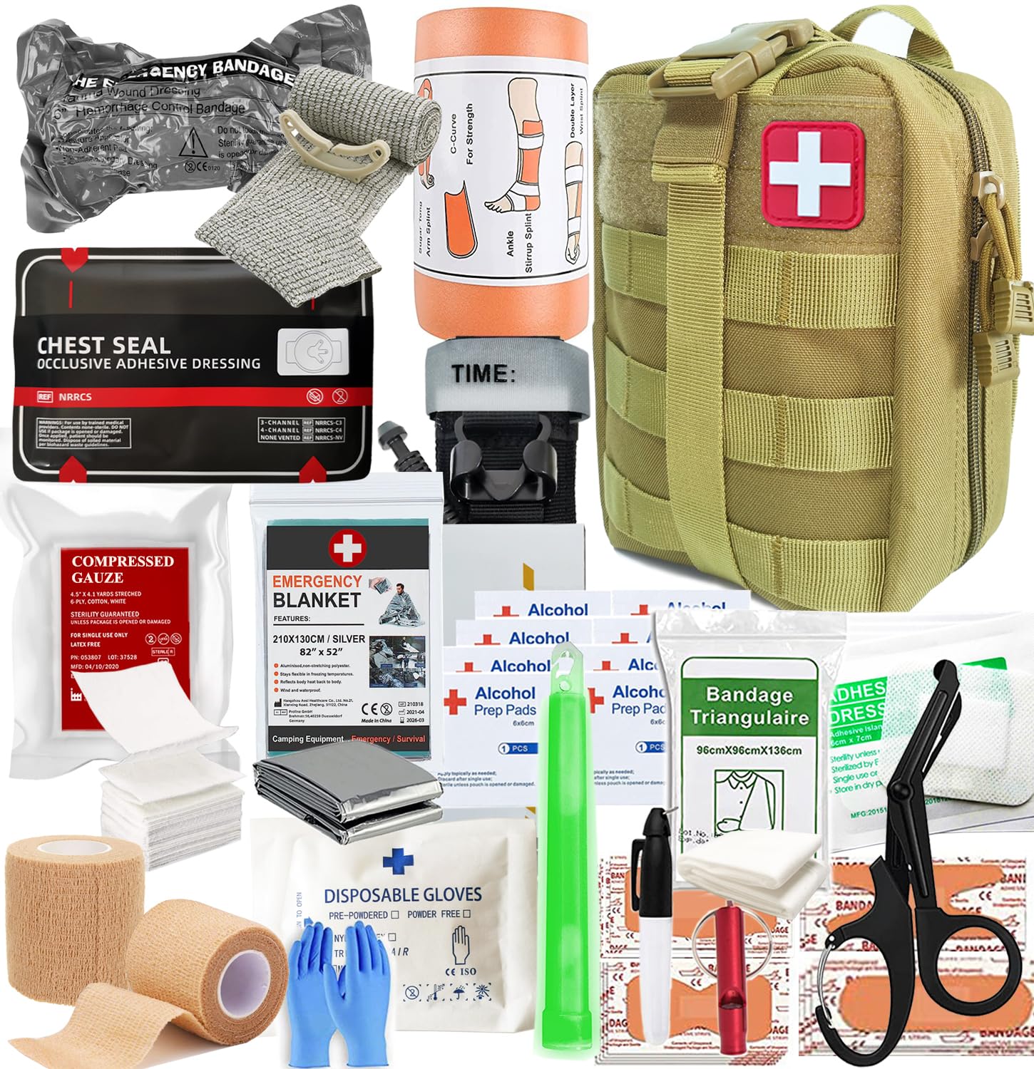 IFAK Trauma Refill Kit Med Pack | Vented Chest Seal | Israeli Bandage | Tourniquet | Splint | Compressed Gauze | Bandages | First Aid Kit EMT Bleeding Control Pack for Camping Hiking (Tan)