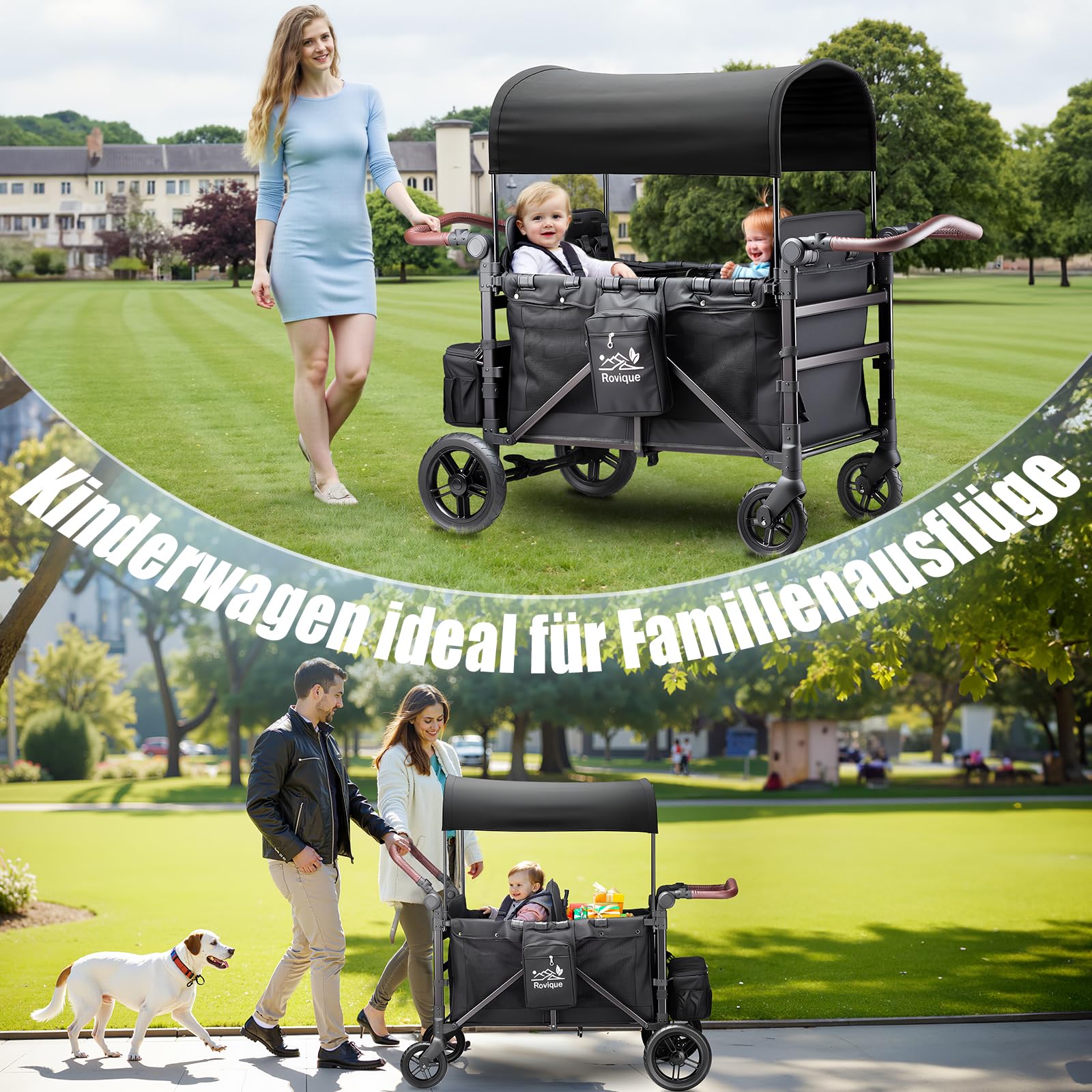 Bollerwagen faltbar mit Dach 4 Kinder,Handwagen faltbar Kinderwagen Baby Bollerwagen mit Dach,abnehmbarem Tablett,5-Punkt-Gurt,verstellbarem Griff,hohem Sitz und großem Stauraum, Schwarz