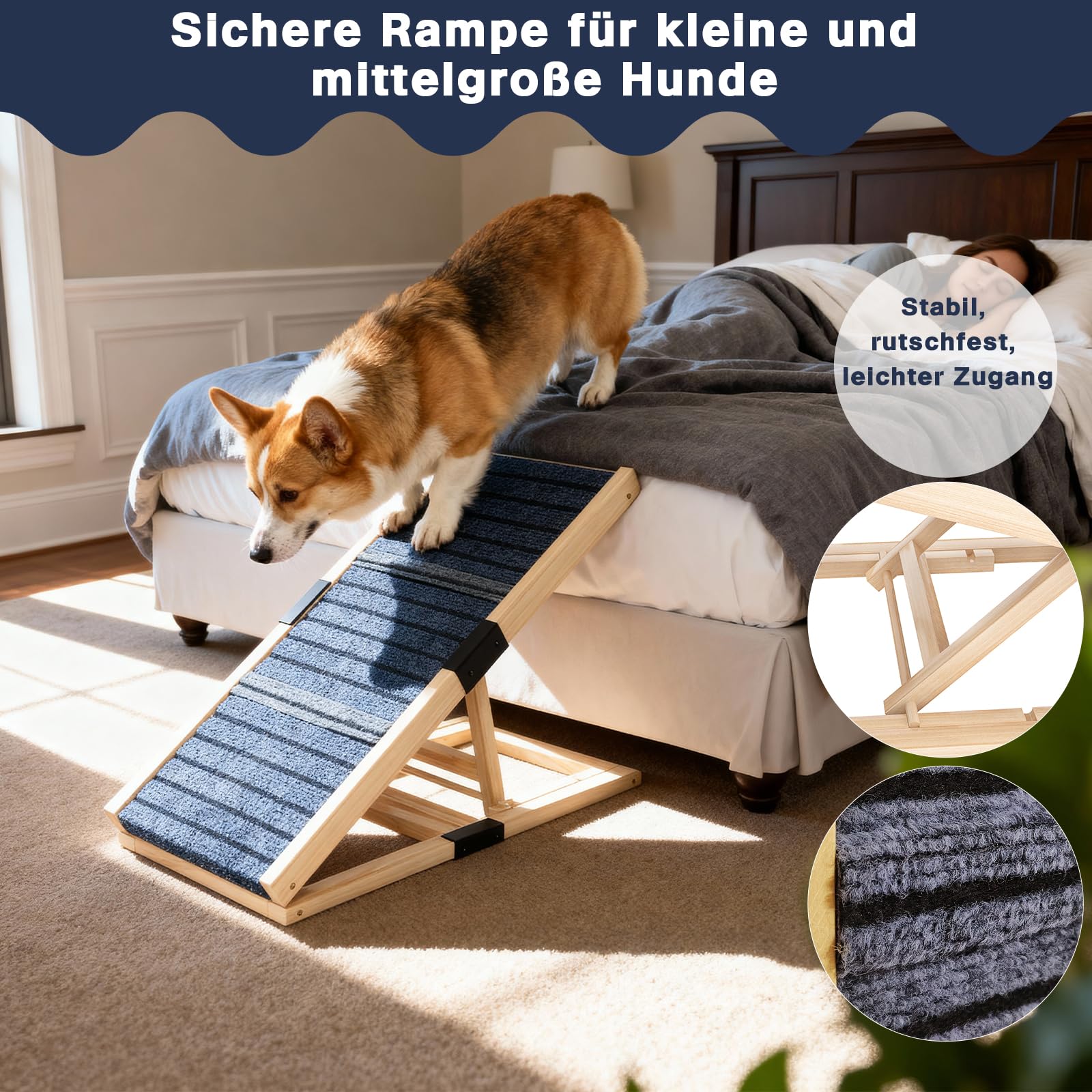 Hunderampe aus Holz – höhenverstellbar und klappbar für kleine und mittelgroße Hunde, rutschfest für Bett, Sofa und Auto, leicht und tragbar für Innen und Außen