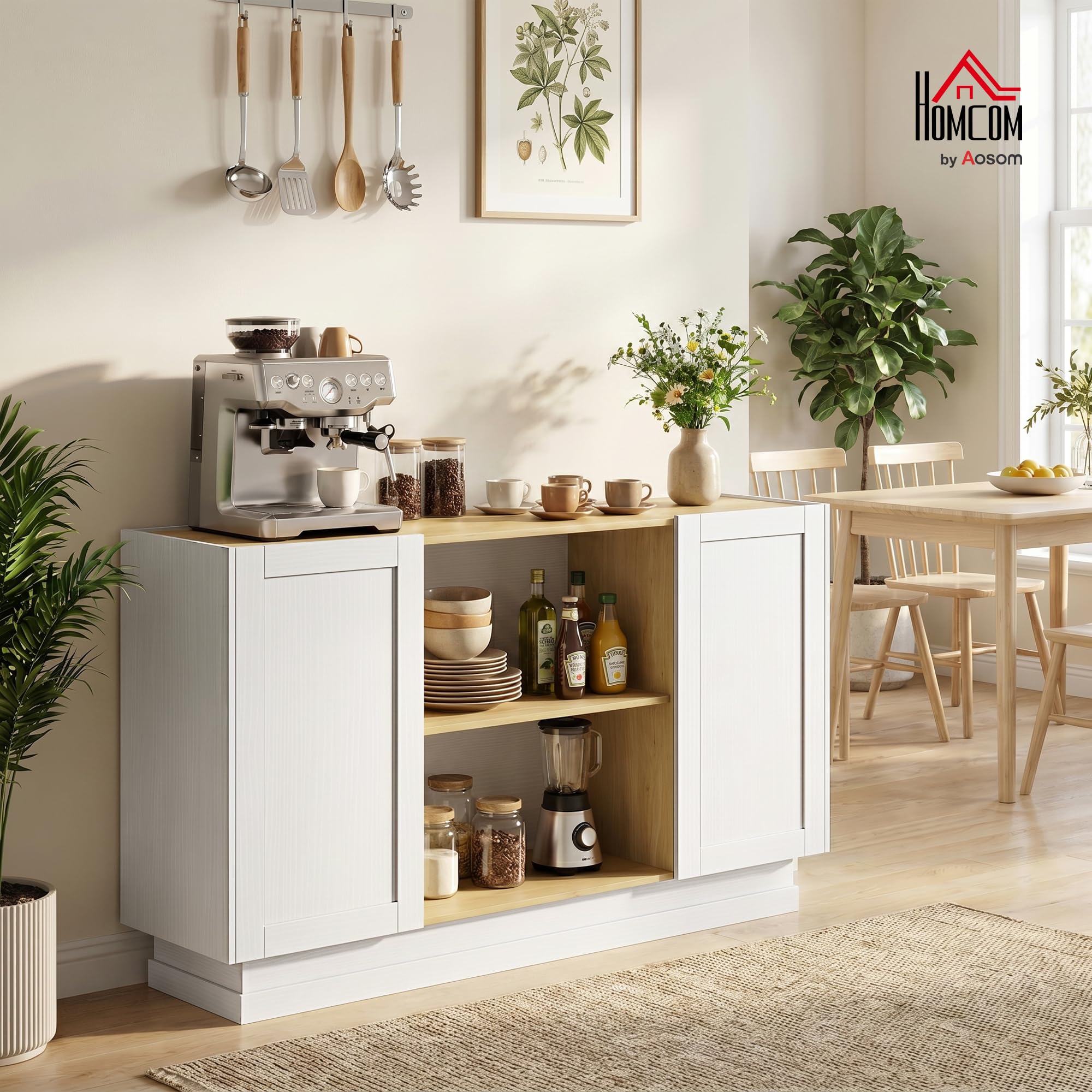 HOMCOM Aparador con 2 Estantes Abiertos 133x35x79,7 cm Natural y Blanco | Armario de Cocina Moderno, 2 Puertas de Cierre Suave, Mueble de TV para 60 Pulgadas, para Salón, Comedor