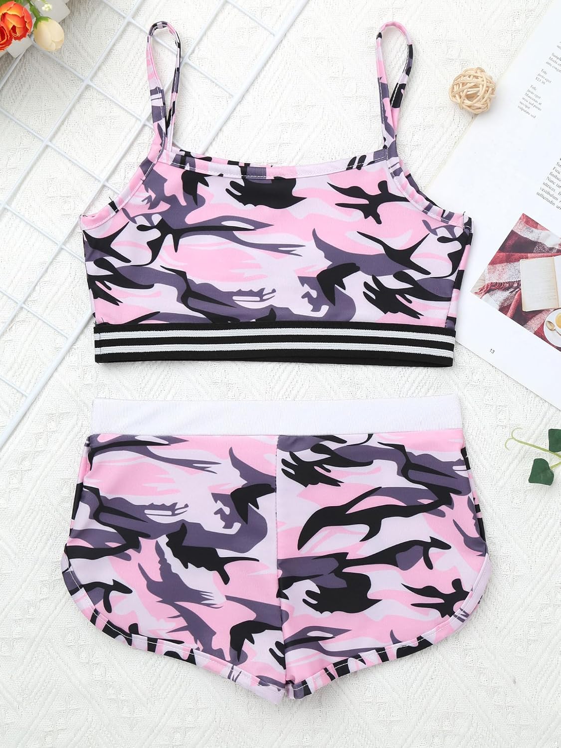 Kids Girls Floral 2 Pcs Ballet Dance Gymnastics Sports Outfit Crop Top with Shorts Swimsuit