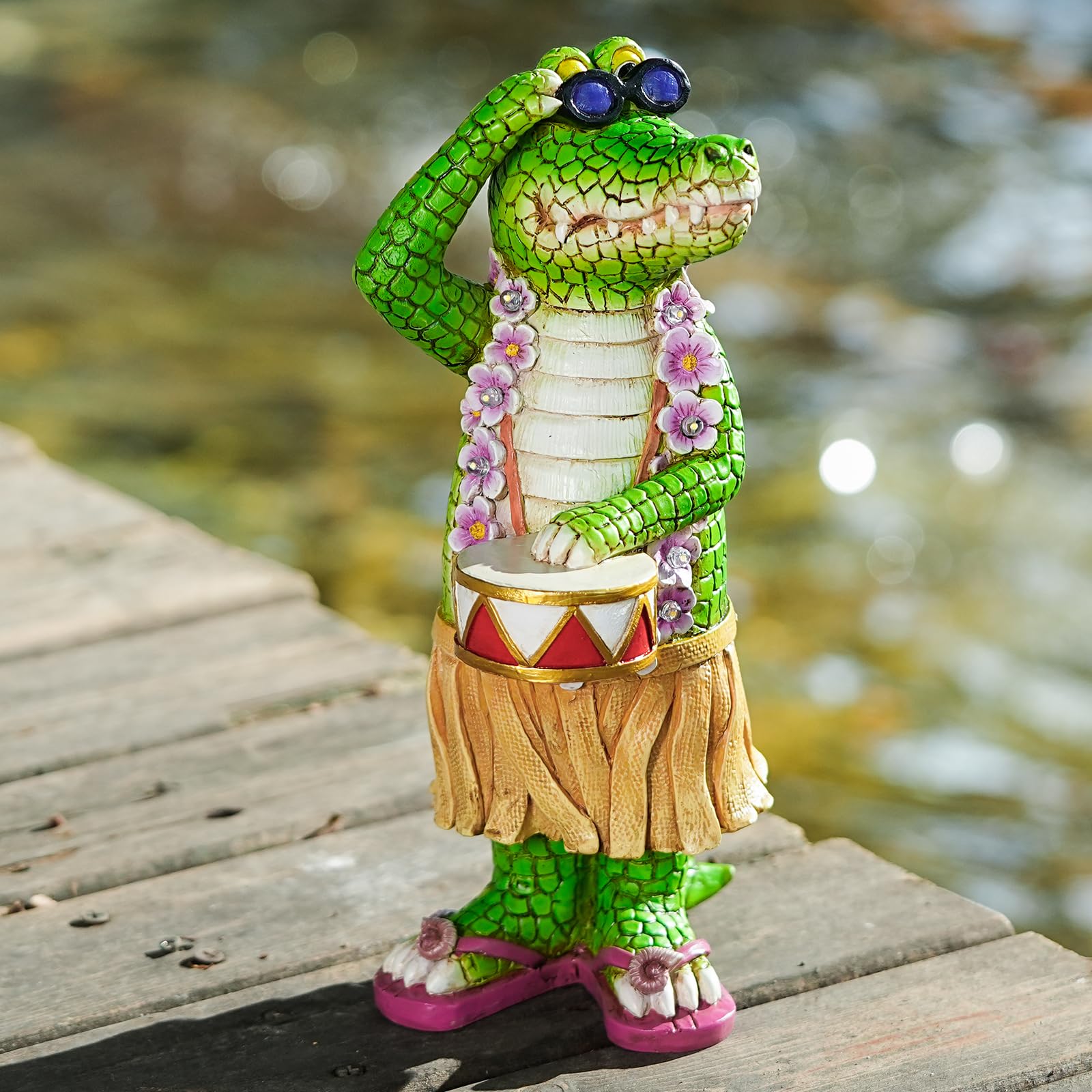 TOLIMI Hawaiian Alligator Garden Statue with LED Floral Garland