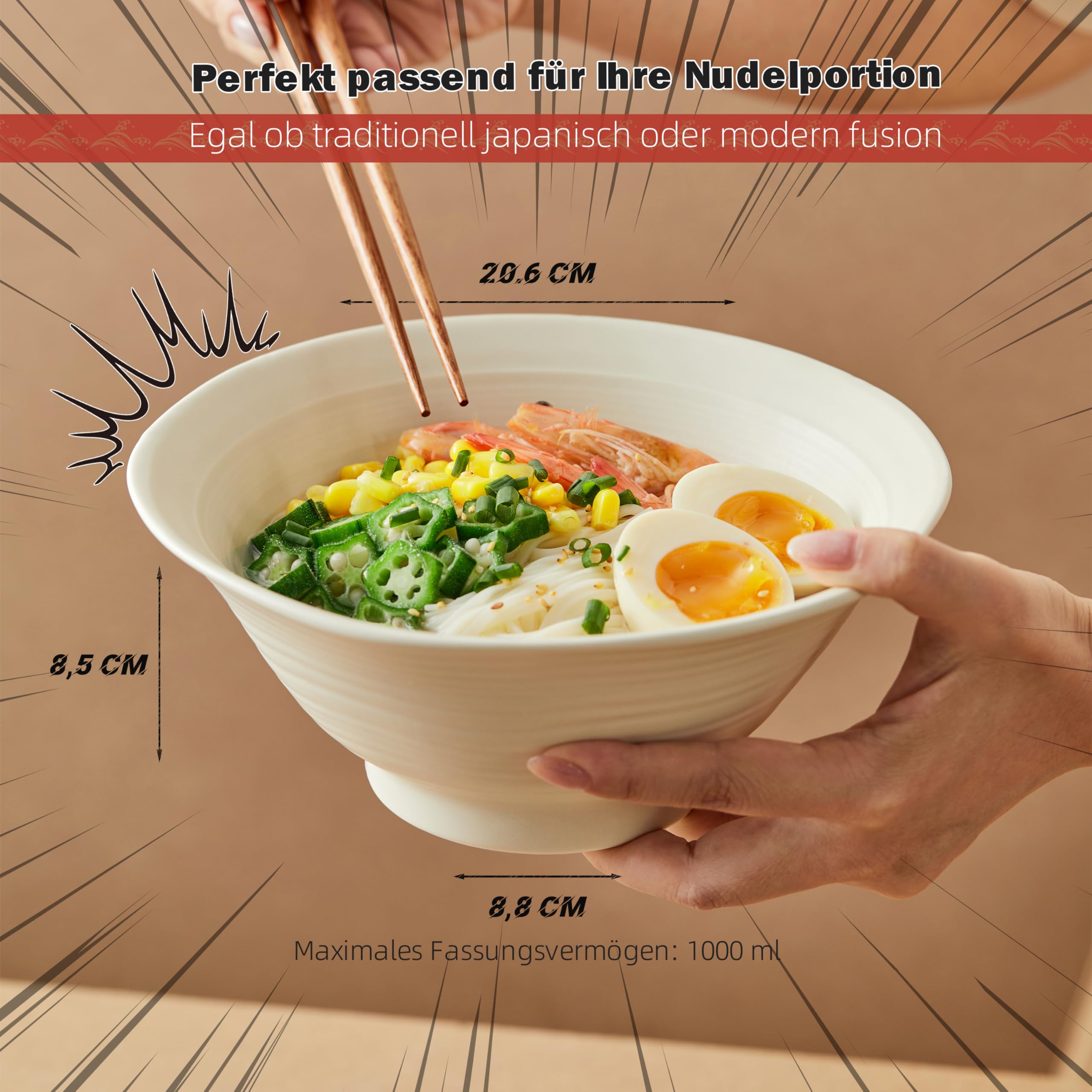 Jiwoo Ramen Lot de 4 assiettes creuses Ø 20 cm - Bol de qualité supérieure - Passe au micro-ondes - Bol à soupe japonais pour ramen, soupe, salade, spaghettis