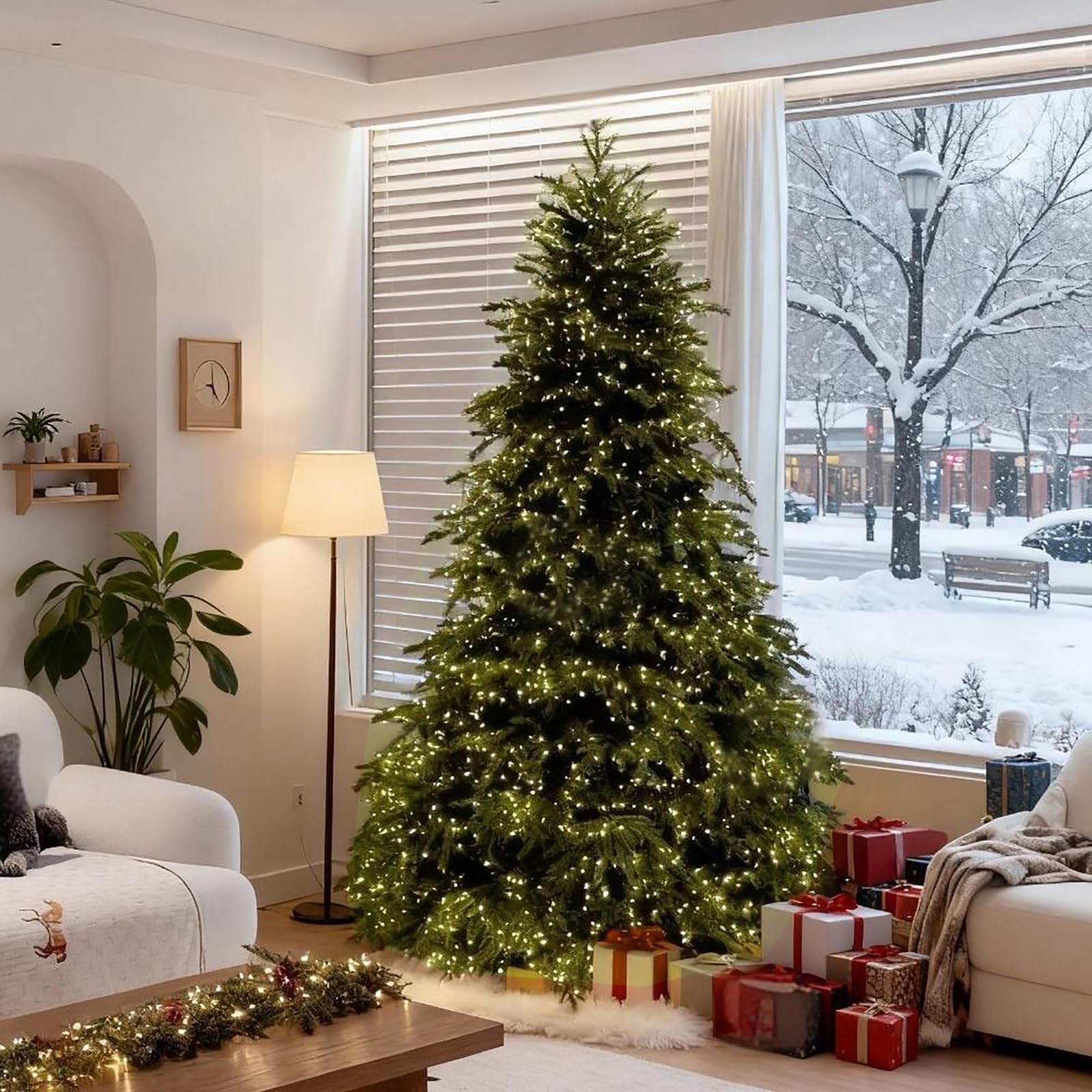 Árbol de Navidad Artificial Preiluminado, Abeto con Bisagras, con 1450-11750 Puntas y 400-2000 Luces, Ramas Automáticas con Control Remoto(240cm/8ft)