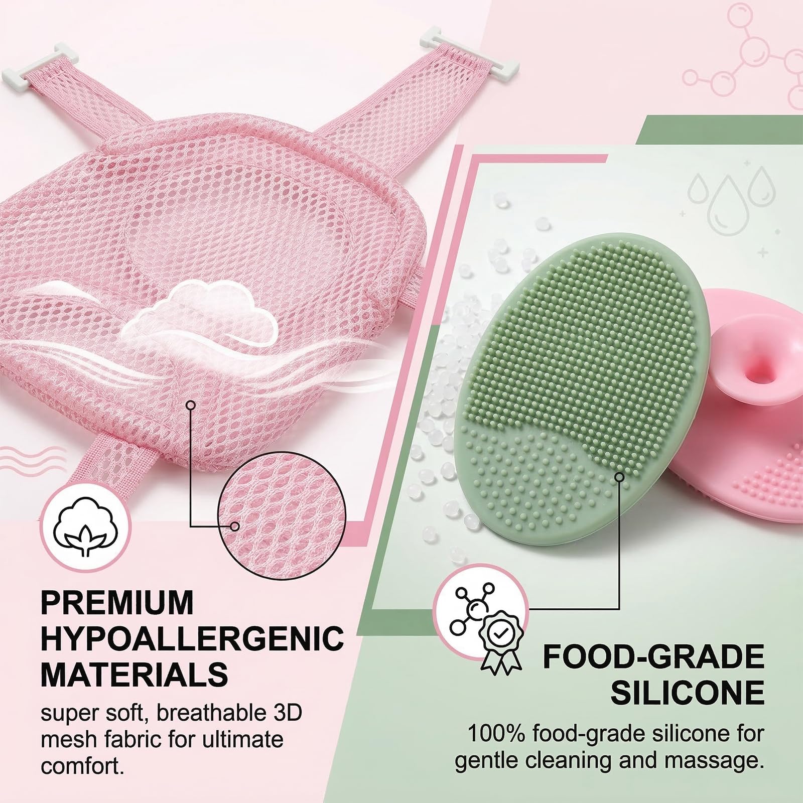 1 Pièce Hamac de Bain Antidérapant pour Bébé, Support de Siège pour Nouveau-né, Pliable et Portable, Deux Brosses à Shampooing Incluses (5 Coins) (Rose)
