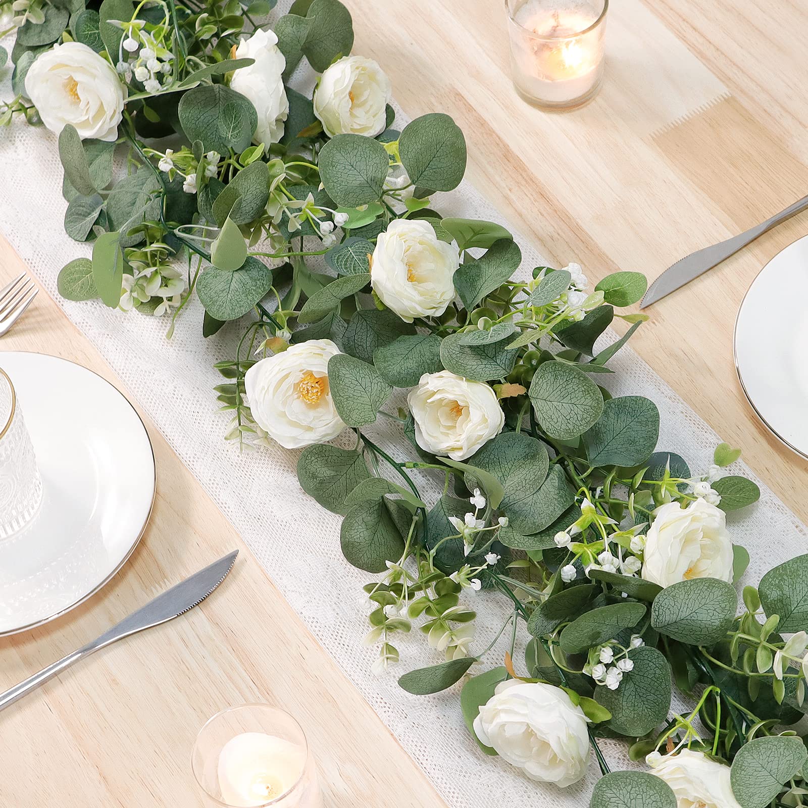 Betylifoy Künstliche Blumengirlande Hochzeit Eukalyptus Girlande 4 Stück | Blumengirlande Weiß 180cm Kunstblumen Rosenrebe Girlanden Künstliche Pflanze für Hintergrund Party Dekor