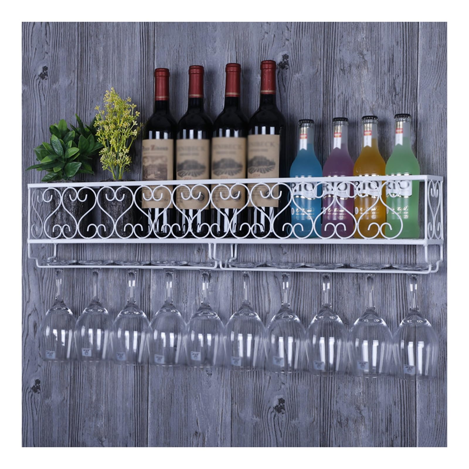 Casier à vin mural blanc pour bar à domicile avec porte-verres suspendus