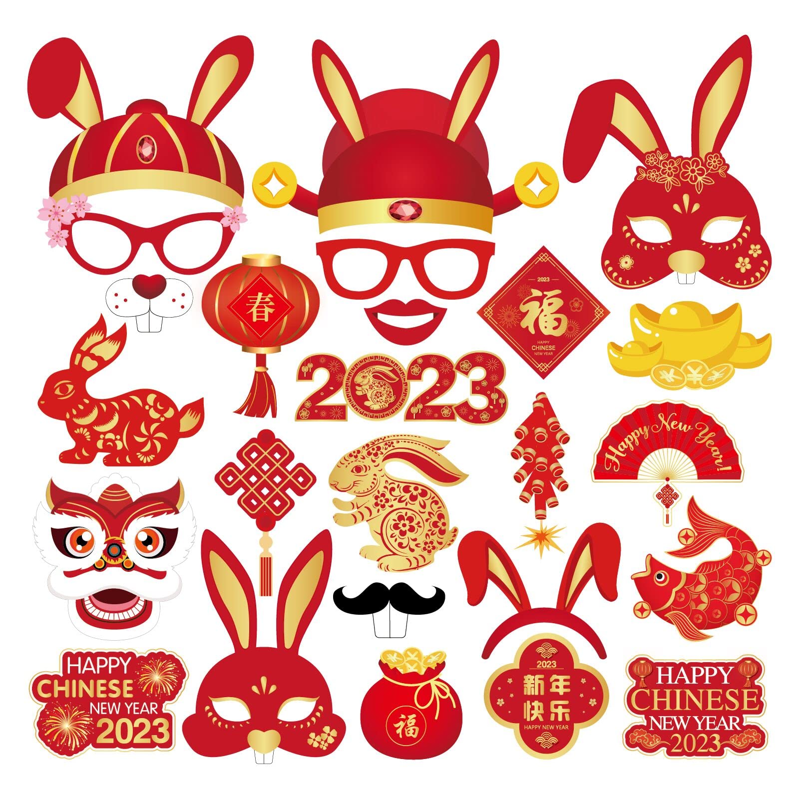 LASLU 25Pcs Chinese New Year Photo Booth Props Kit,New Year of The Tiger Photobooth Props,2022 Lunar New Year Spring Festival Birthday Wedding Photography Backdrop Decorations