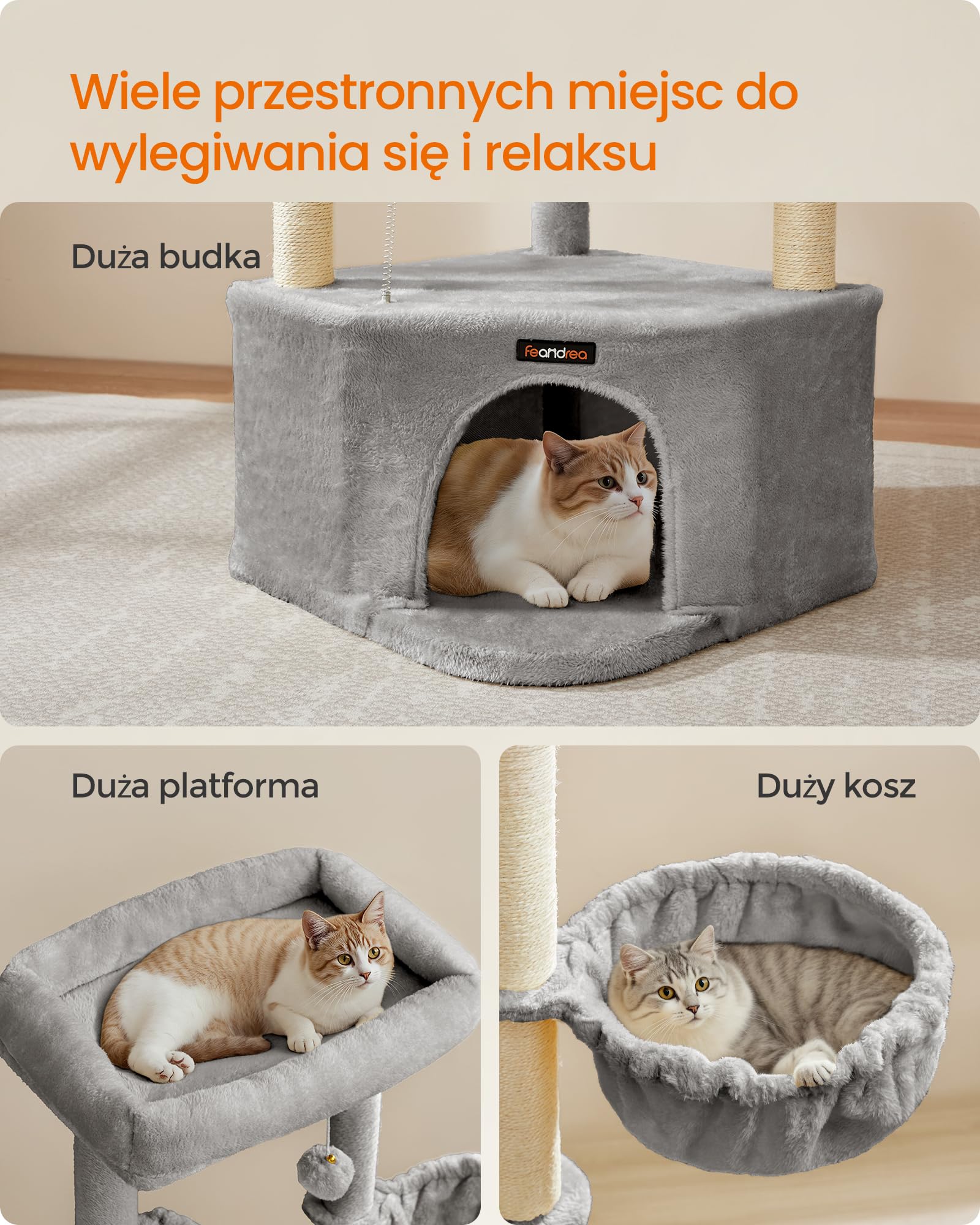 Feandrea Drzewko dla kota, 48,5 x 48,5 x 140,7 cm, wieża do zabawy dla kota, z jaskinią, duże platformy, pluszowe piłki, hamak, gołębia szarość PCT009G01