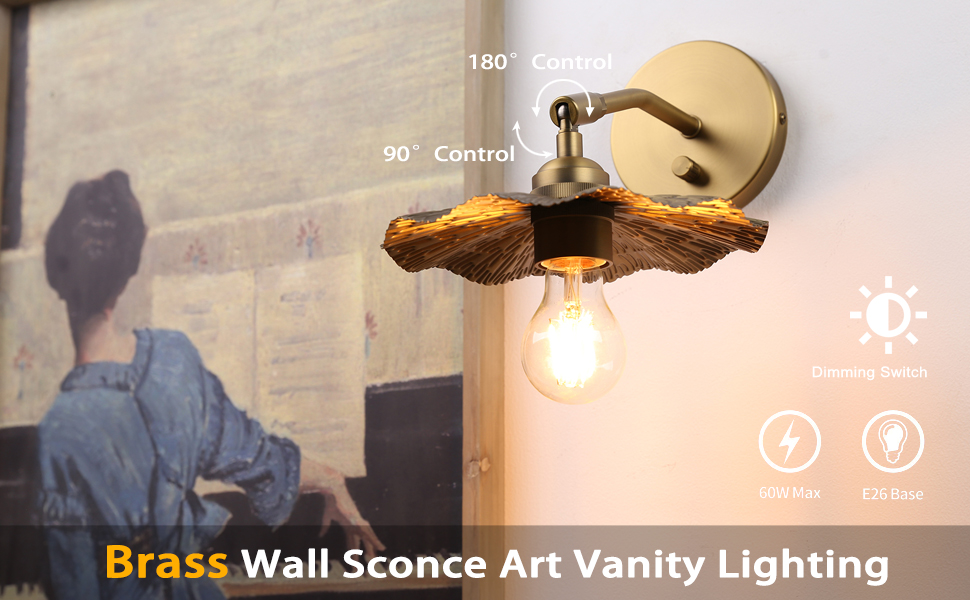 Image of Pathson Dimmable Wall Sconce Metal Brass Finish, Adjustable Lighting Angle Bathroom Wall Vanity Lighting Hardwired Bedside Lamp Art Decor for Living Room Farmhouse Study Room