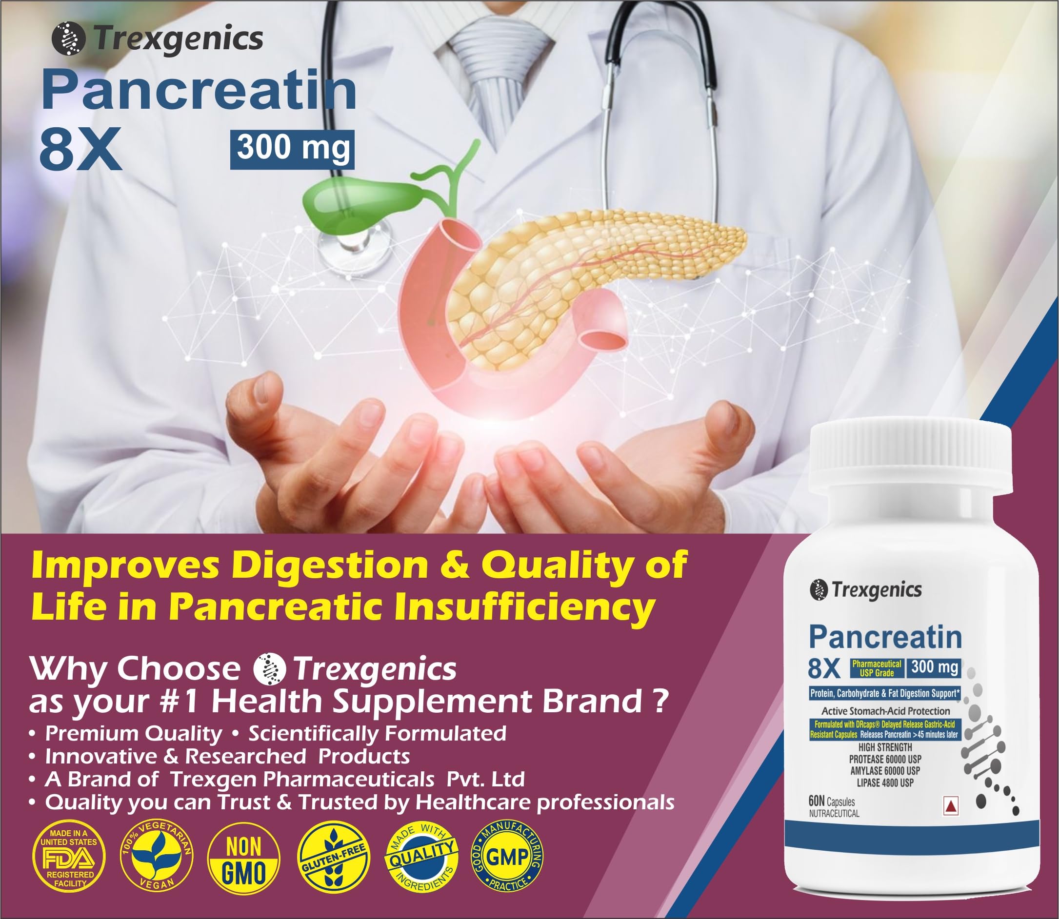 Trexgenics PANCREATIN 300 mg 8X Pharmaceutical Grade Stomach Acid Protected Protease 60000 USP, Amylase 60000 USP, 4800 USP Lipase Digestive Health Support (60 DRcaps) — Amazon image 7