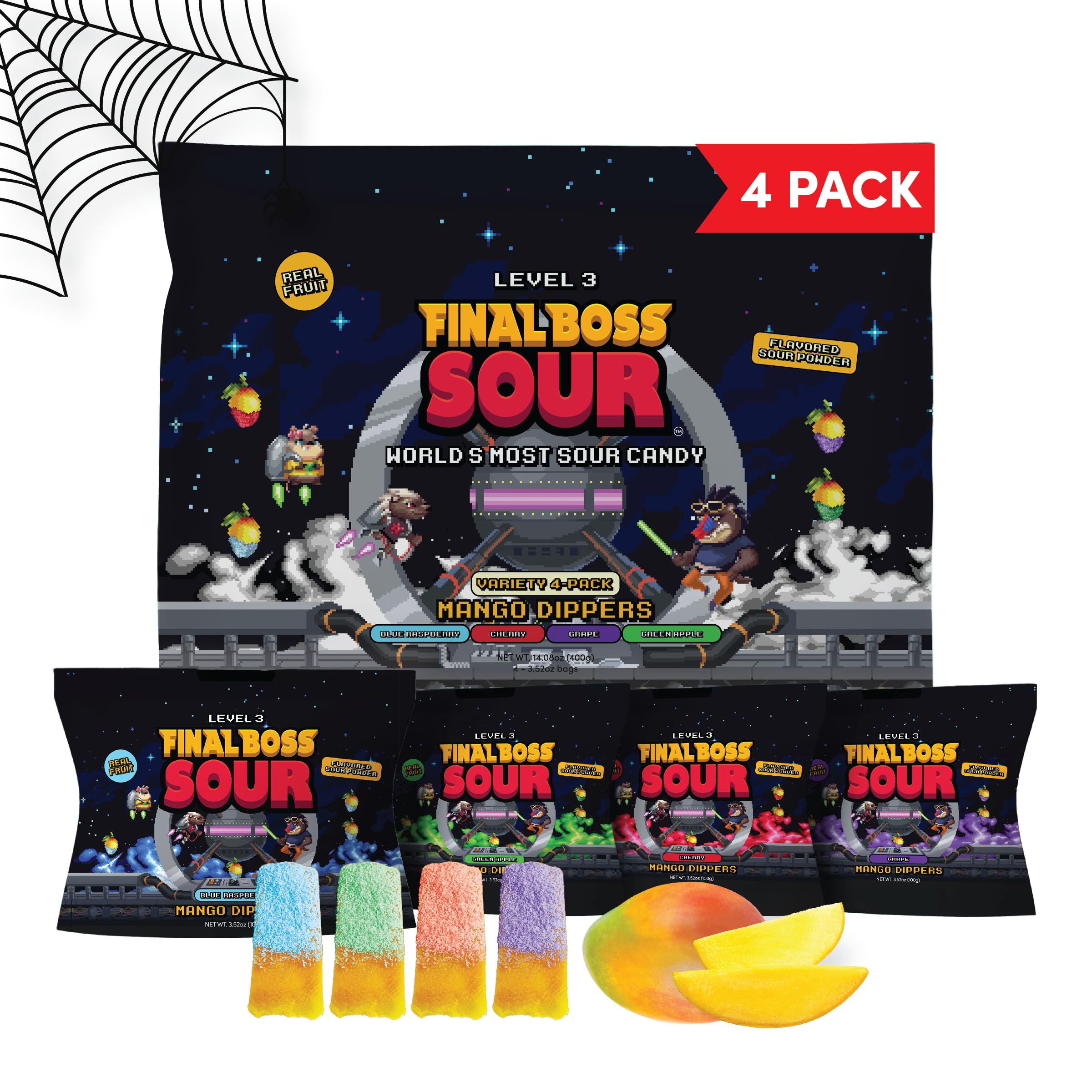 Final Boss Sour Fun Dip, Variety Pack, 4 Pack, Level 3, Extreme Super Sour Powder with Real Candy Tasting Dried Mangoes, All Natural 80s & 90s Party Candy, Snack for Kids, Teens, Adults & On the Go