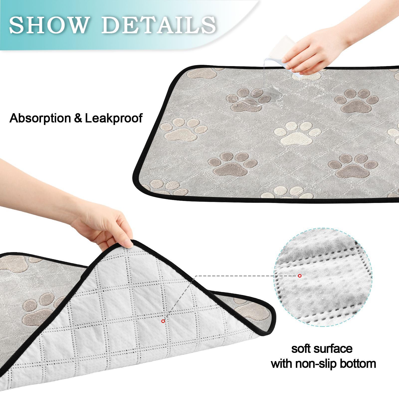 Wasserabsorbierende Matte für Hundenapf, wiederverwendbare Urinierunterlagen, rutschfester Teppich für Rasen, 50,8 x 61 cm, Pfotenmotiv, Grau / Weiß, 3 Stück