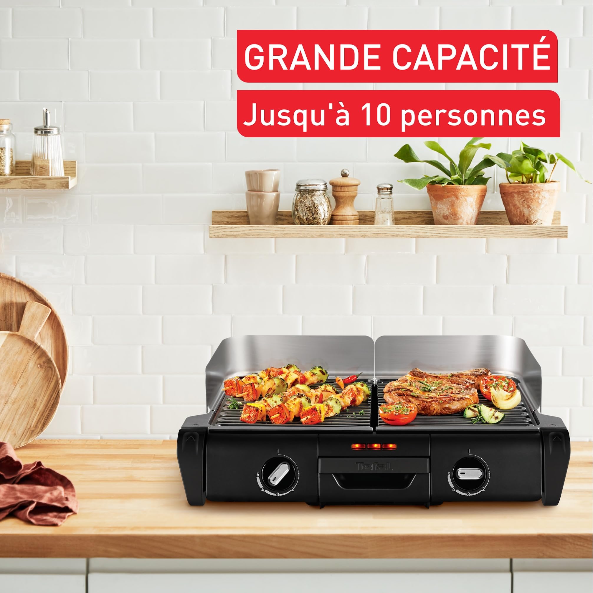 Tefal Barbecue électrique XL Family Grill 2400W avec 2 thermostats réglables, Usage extérieur et intérieur, 2 surfaces de cuisson compatibles lave vaiselle TG800N10