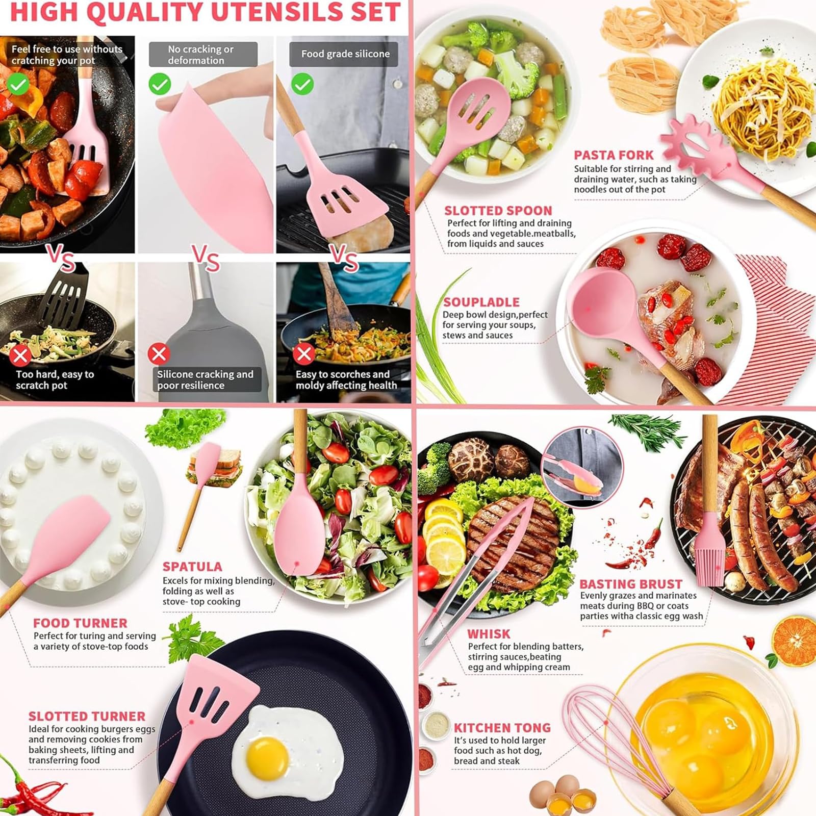 Justup Set di coltelli con blocco portacoltelli, set di coltelli da cucina rosa con blocco, 19 utensili da cucina con 6 set di coltelli e 11 spatola in silicone, utensili da cucina antiaderente con