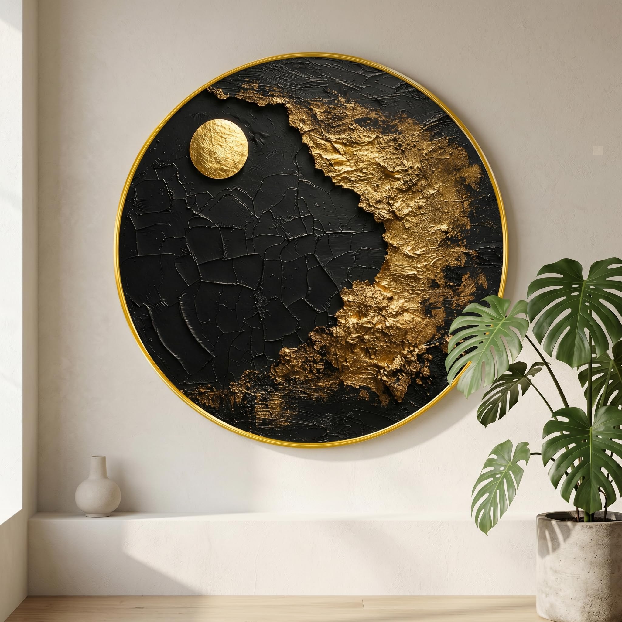 SAF Black Gold Abstract Moon Texture Round Wall Painting Modern Luxury Art PVC Golden Frame Wall Decor for Living Room Bedroom Office Home Interior Decoration (23 x 23 Inch) GR-395-image-15