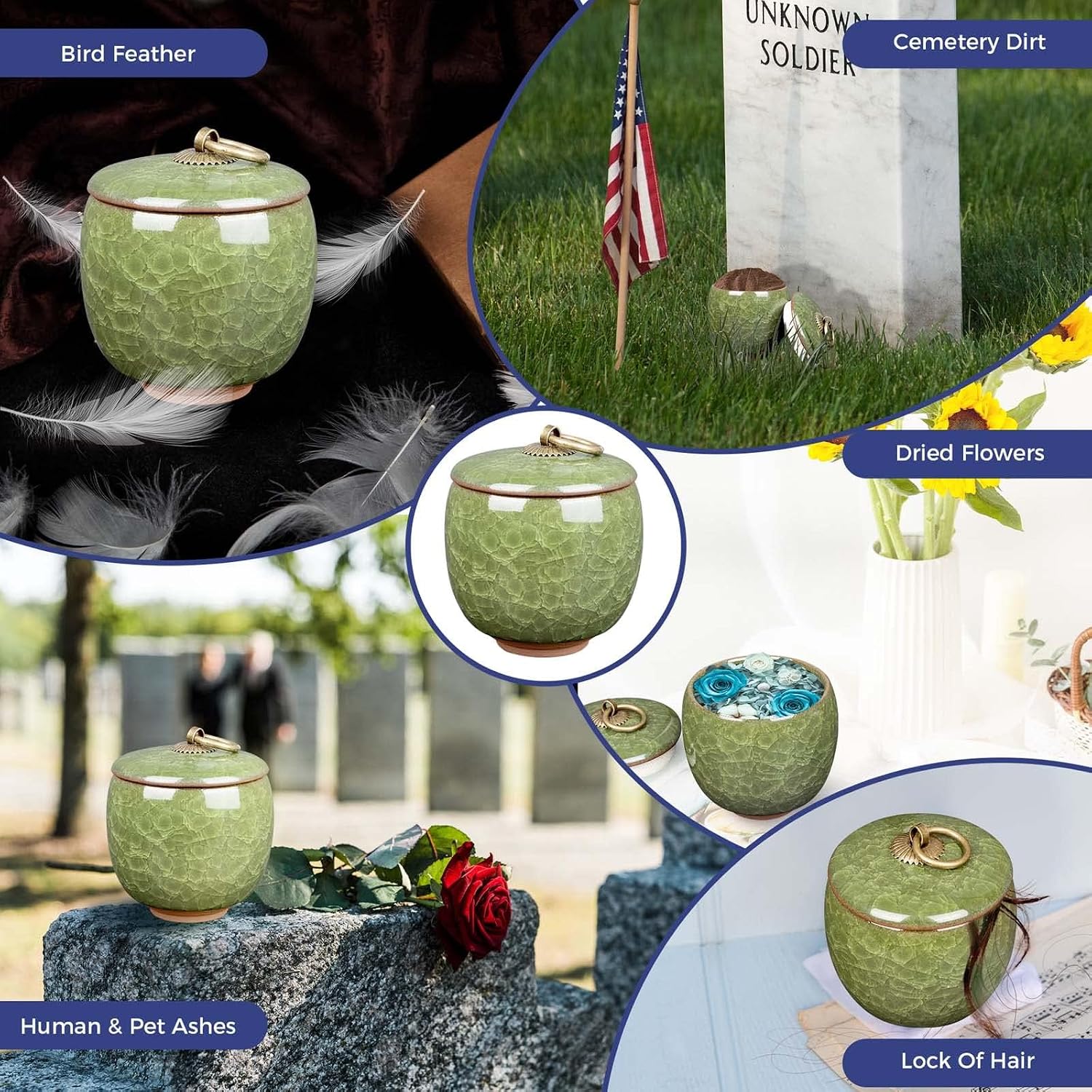 Small Urns for Human Ashes Keepsake, Ceramic Ice Crack Memorial Keepsake Cremation Urns Token Urns Mini Sharing Funeral Urns with Black Premium Box,Light Green