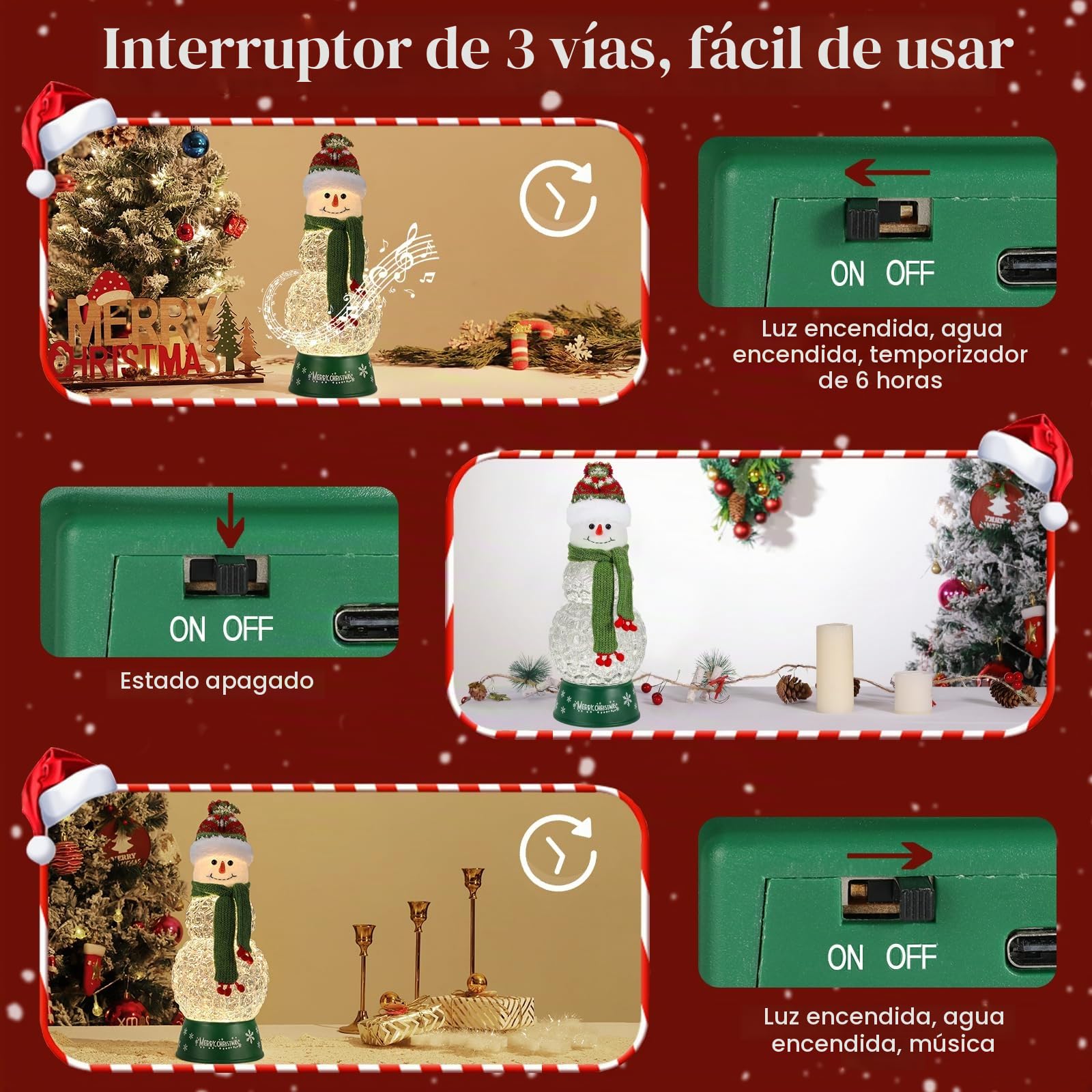 Lewondr Globo de Cristal Nieve Navideño, Hombre de Nieve con Bufanda Verde, Spinning Glow y 8 Canciones, Caja Musical Árbol Navidad, Alimentado por la Batería Lámpara de Navidad