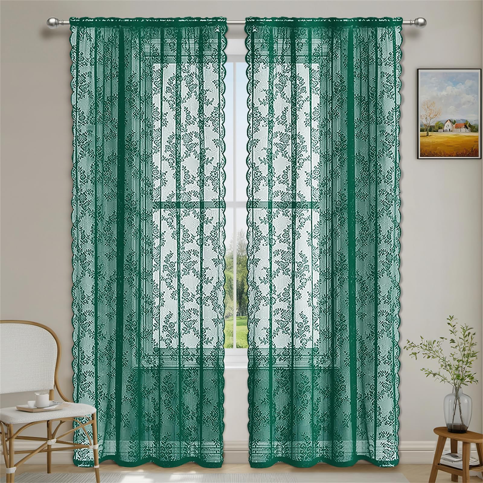 Surwin Curtains for Bedroom, Lace Solid Color 2 Panels Voile Curtain, Semi Transparent Sheer Curtains, Living Room Balcony Home Decorative Net Curtains for Windows (Green,150x250cm)