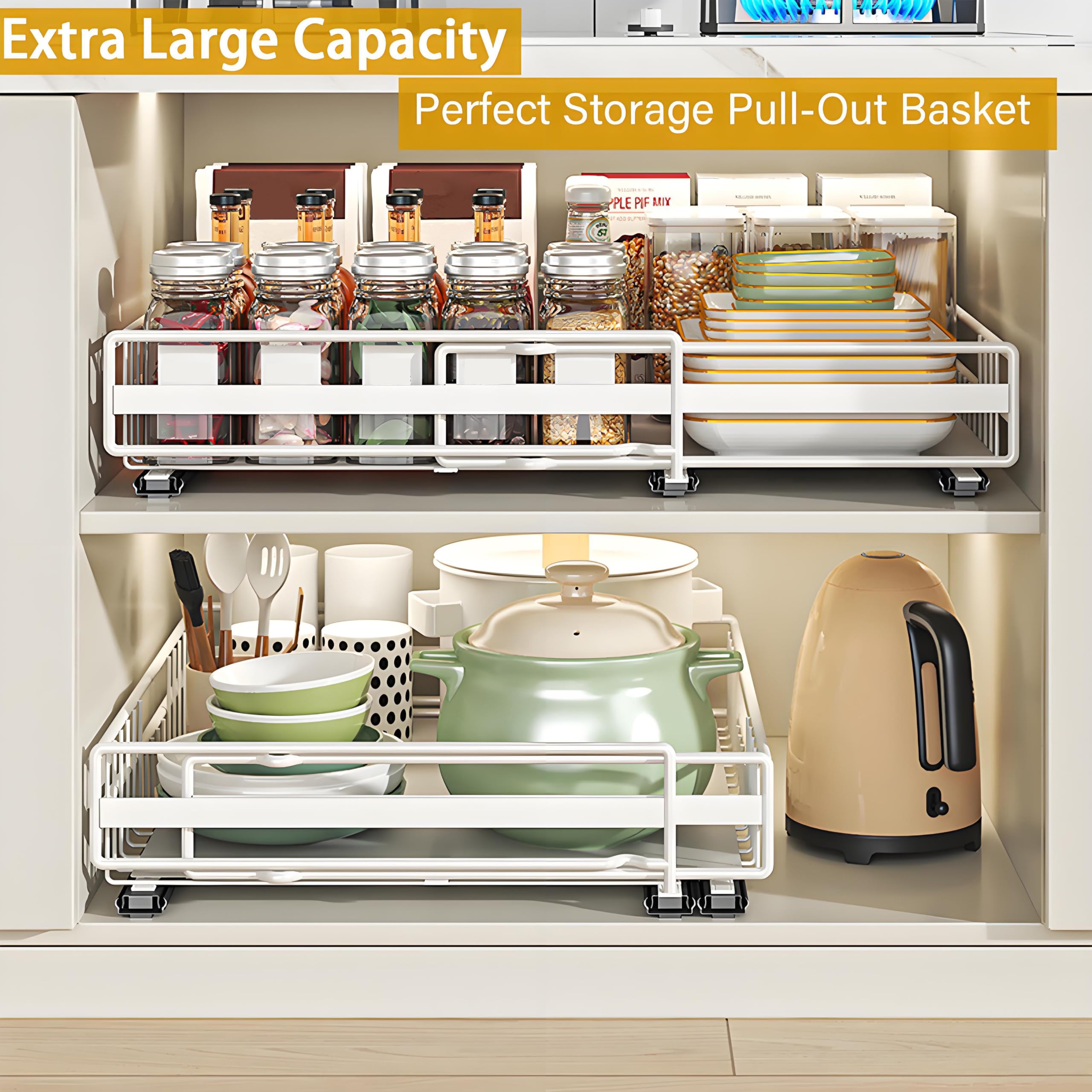 2 Cajones Extraibles para Cocina con Rieles Deslizantes (Juego M+L) | Ancho Ajustable Expandibles, Autoadhesivos/Perforadores con Nano Película para Cocina, Despensa, Sala de Estar (Blanco)
