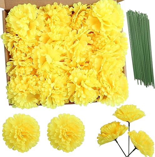 Miniatura 6 de Paquete de 50 palillos de clavel de seda artificial, cabezas de clavel de flores artificiales con tallos para bricolaje, ramos de boda, centros de