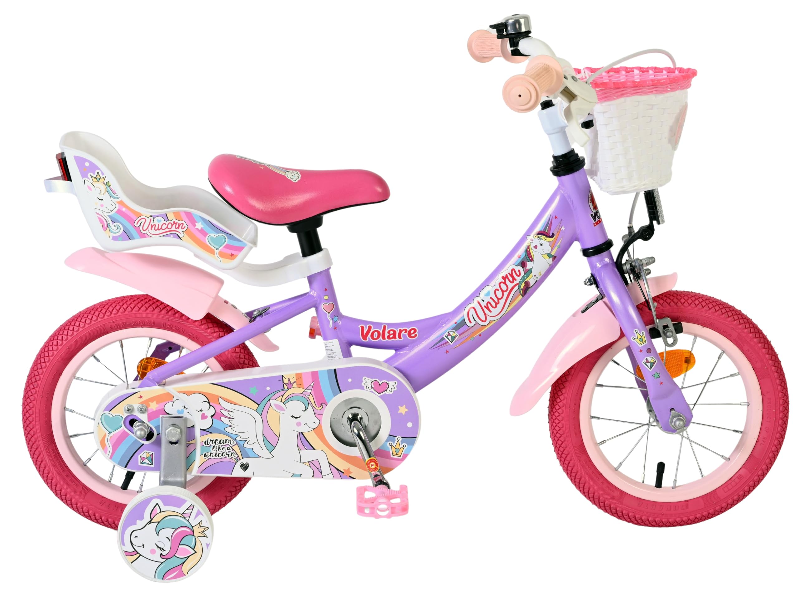Volare Kinderfahrrad lila mit Einhorn-Sitz & rosa Felgen | Rücktritt & Handbremse | Stützräder | 3–5 Jahre | Robuste Reifen | Leicht montierbar | Geschenkidee
