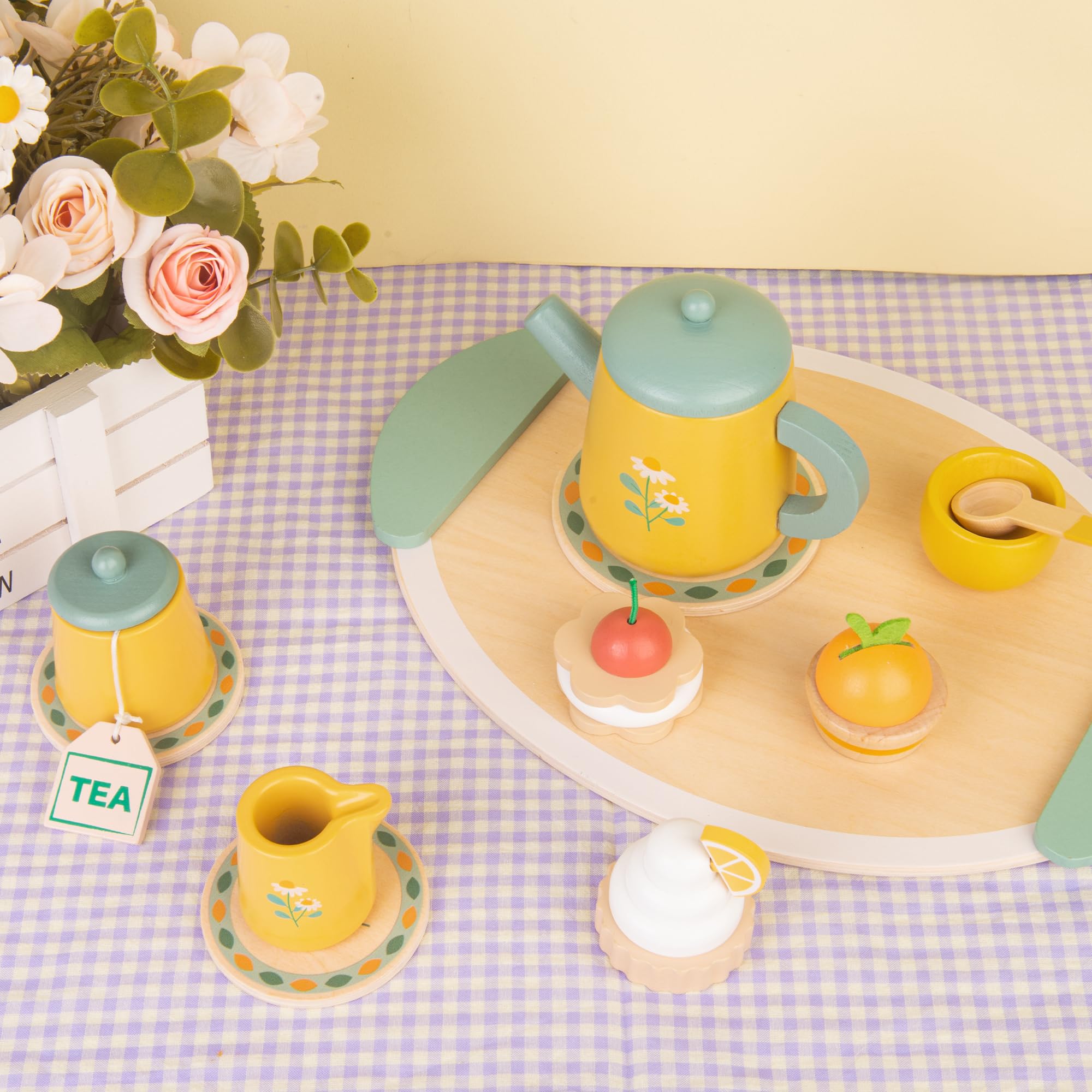 Set da Tè Giochi in Legno, Cucina Giocattolo per Bambini, Accessori Cucina per Giochi di Ruolo, Regalo per Bambine 3 4 5 anni