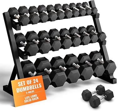 Rubber Hex Dumbbell Set with Rack, 8/10/12/15/20 Pair 450/550/780/1200/1550/2100 lbs total Weight Rack with Dumbbells for Home Gym & Strength Training