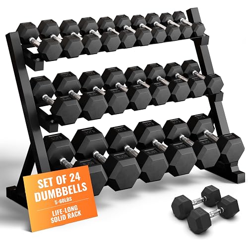 Rubber Hex Dumbbell Set with Rack, 8/10/12/15/20 Pair (450/550/780/1200/1550/2100 lbs total) Weight Rack with Dumbbells for Home Gym & Strength Training