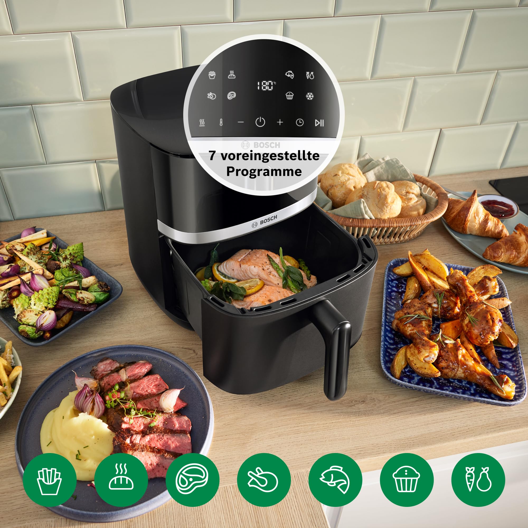 Bosch Heißluftfritteuse Serie 4, XL Air Fryer, schwarz, 6,1 L Fassungsvermögen, 7 Voreinstellungen, Auftau- und Warmhaltefunktion, Touchscreen, bis zu 60% schnelleres Kochen, MAF462B0