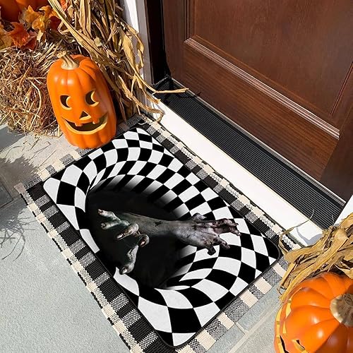 Miniatura 3 de Tapete de Halloween decorativo para puerta delantera al aire libre, tapete de terror 3D con manos aterradoras de 17 x 30 pulgadas, tapetes de goma