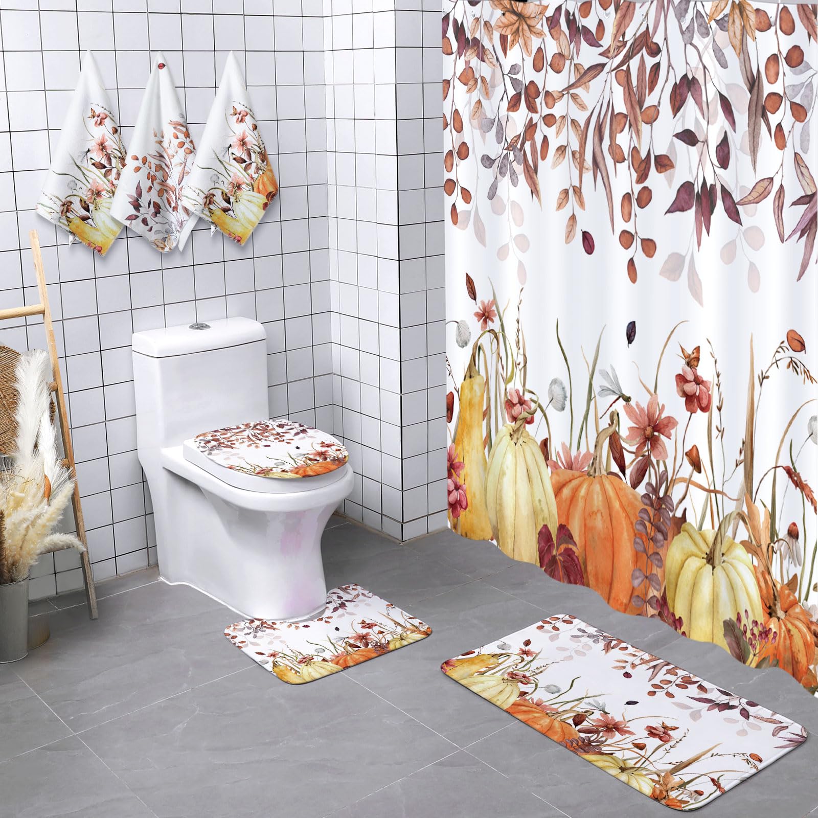 Juego de 7 cortinas de ducha de calabaza de otoño, juego de baño de calabaza vintage, juego de cortina de baño de Acción de Gracias, incluye toallas, alfombras antideslizantes, cubierta para