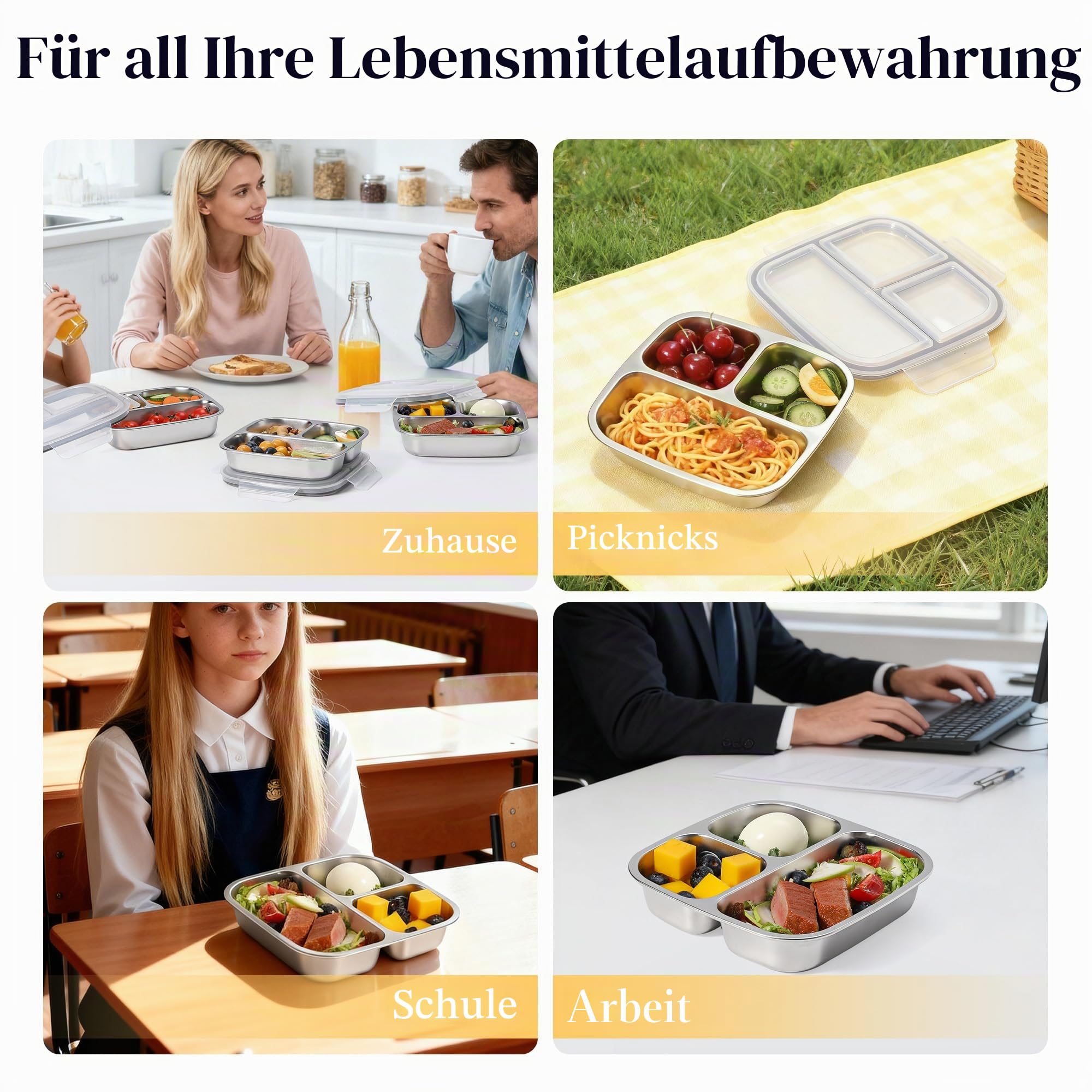 Misichao Edelstahl Snackbox mit 3 Fächern | Wiederverwendbare kleine Bento-Lunchbox für Kinder und Erwachsene, geteilter Essensbehälter für Schule, Arbeit, Reisen (4, Grau)