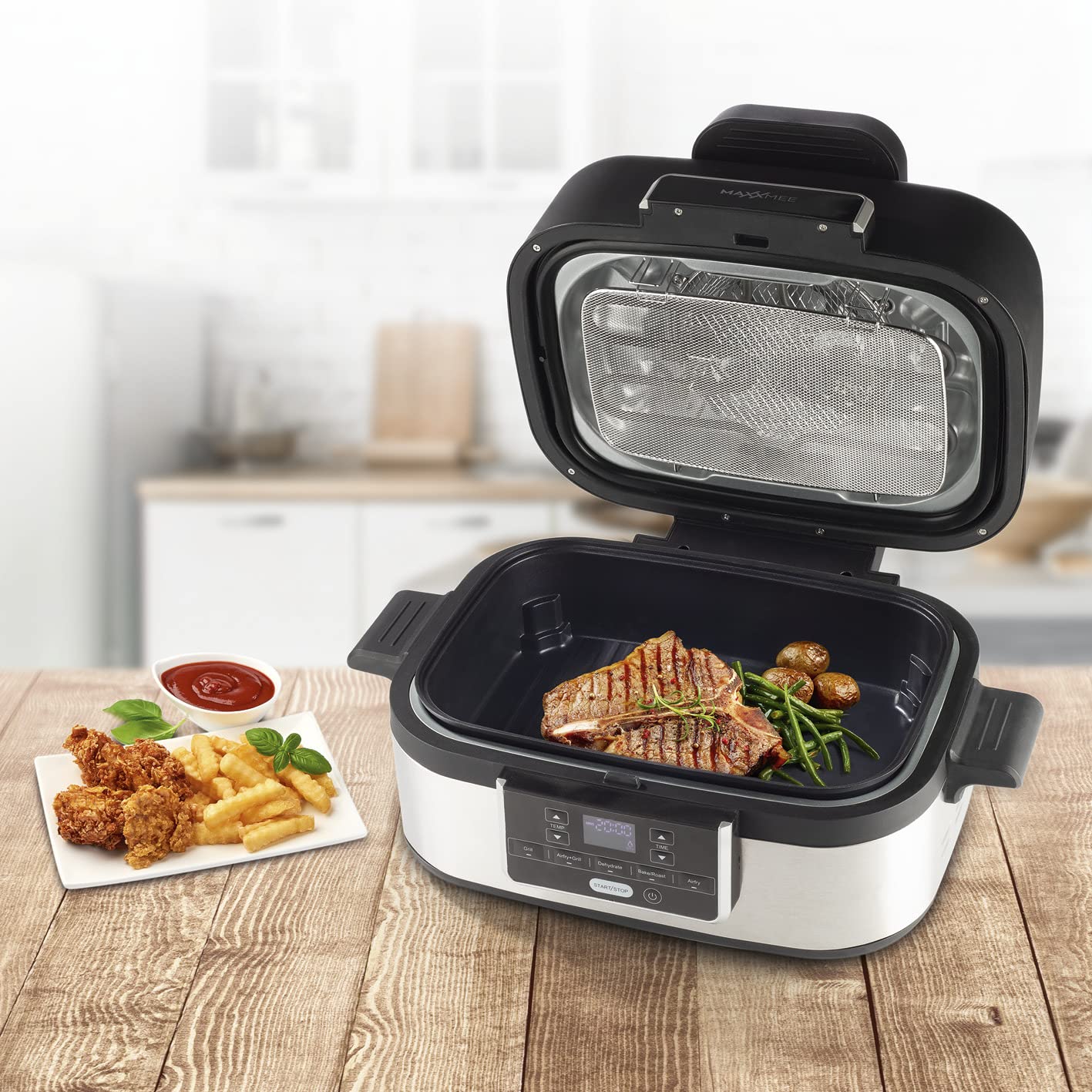 MAXXMEE Multi-Grill mit Heißluft-Funktion 1500w | Ober-/Unterhitze Tischgrill Antihaftbeschichtung | XL Garraum 4,5L zum Perfekten BBQ Look | 5 Programme & LED Display [Schwarz Silber/Kunstoff Stahl]