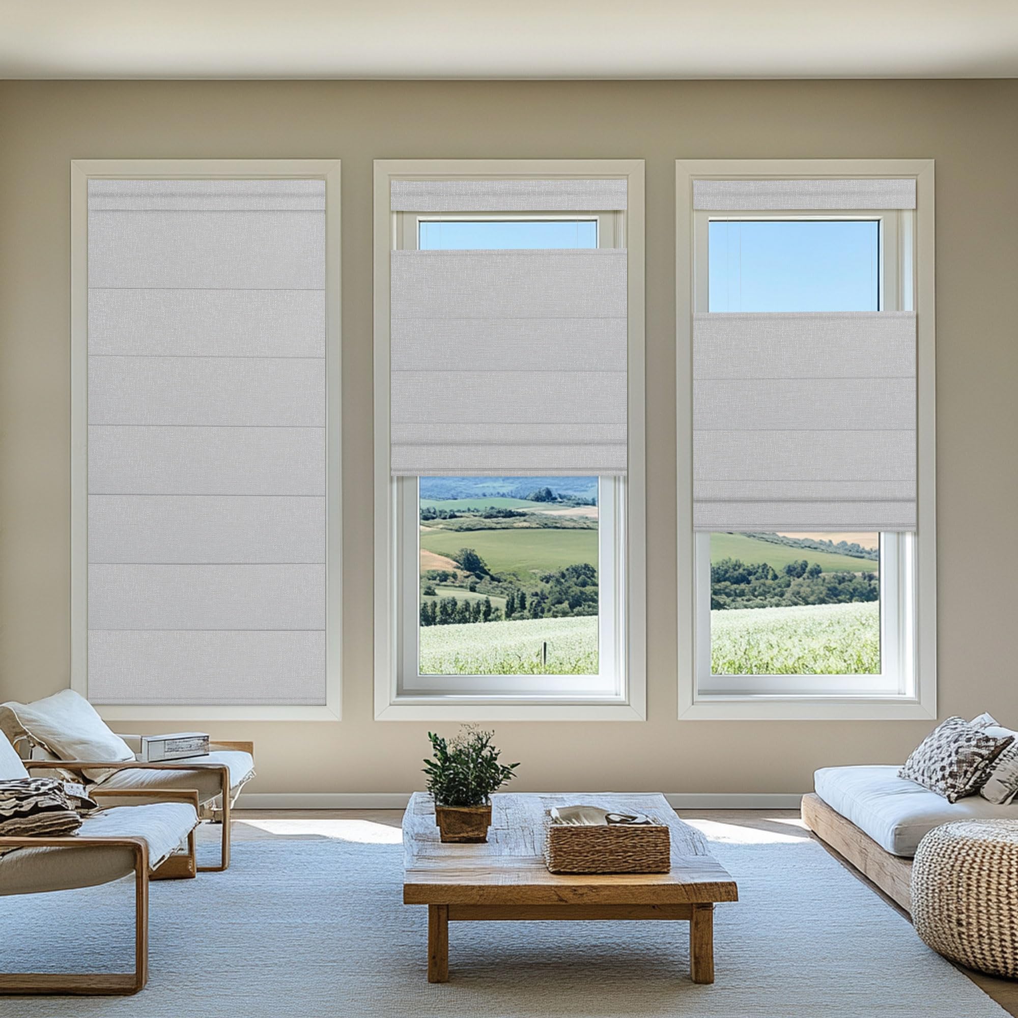 Sulugood NO Drill NO Tools Cordless Roman Shades for Interior Windows, Top Down Bottom Up Roman Window Shade, Custom Blackout Linen Roman Window Blinds(75