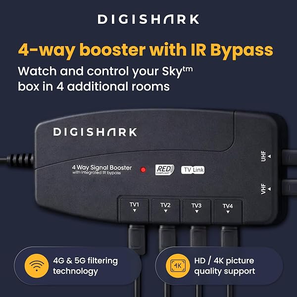4 Way TV Aerial Signal Booster&Splitter Amplifier, Improves Picture Quality&Channel Reception, IR Bypass Compatible, Built-In 4G/5G LTE Filter, Freeview HD UHF Ch 21-60, 4K, FM&DAB - 2