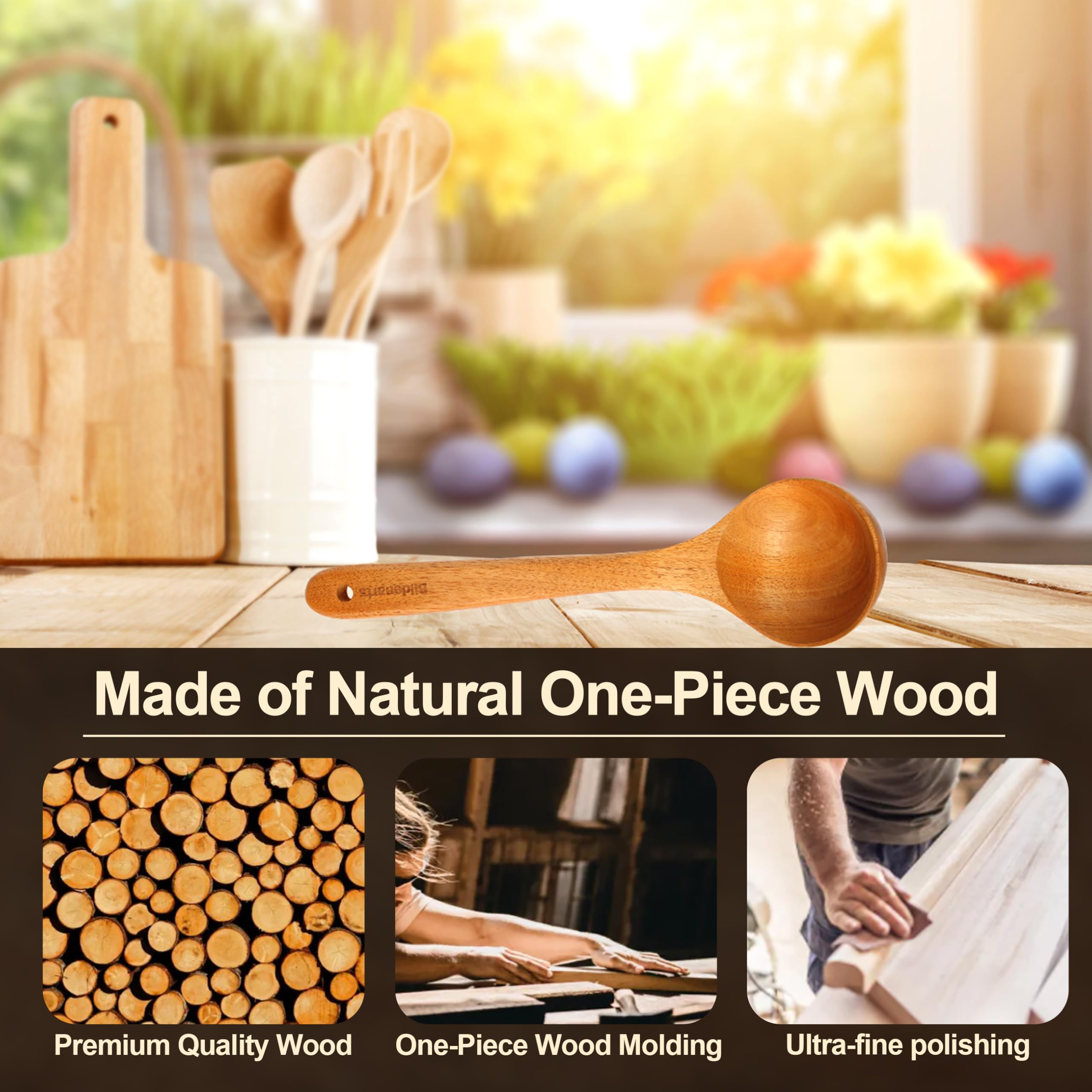 2pcs Wooden Cooking Ladles with 1pcs Kitchen Restaurant Aprons Large Cooking Spoons Slotted Spoon Nonstick Wooden Cooking Utensils Set Heat-resistant Large Wood Soup Spoons for Cooking Serving Mixing