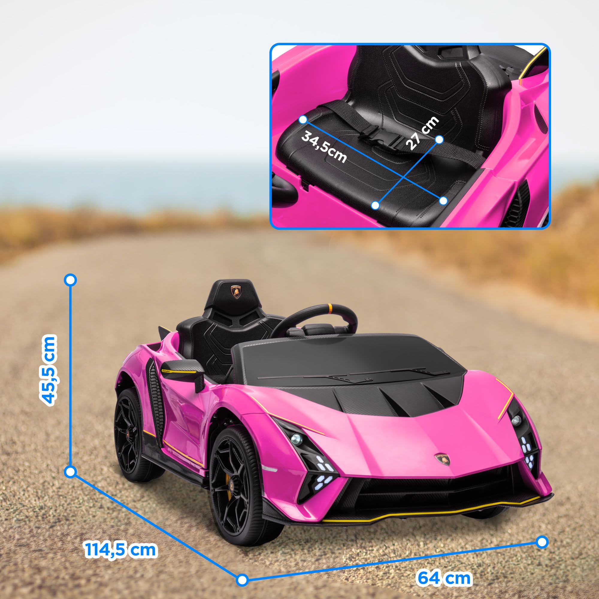AIYAPLAY Coche Eléctrico para Niños de +3 Años Lamborghini Autentica 2 Motores Potentes Coche Eléctrico con Batería 12V Velocidad 3-5 km/h Mando a Distancia 2,4G Faros Bocina Arranque Suave y MP3 Rosa