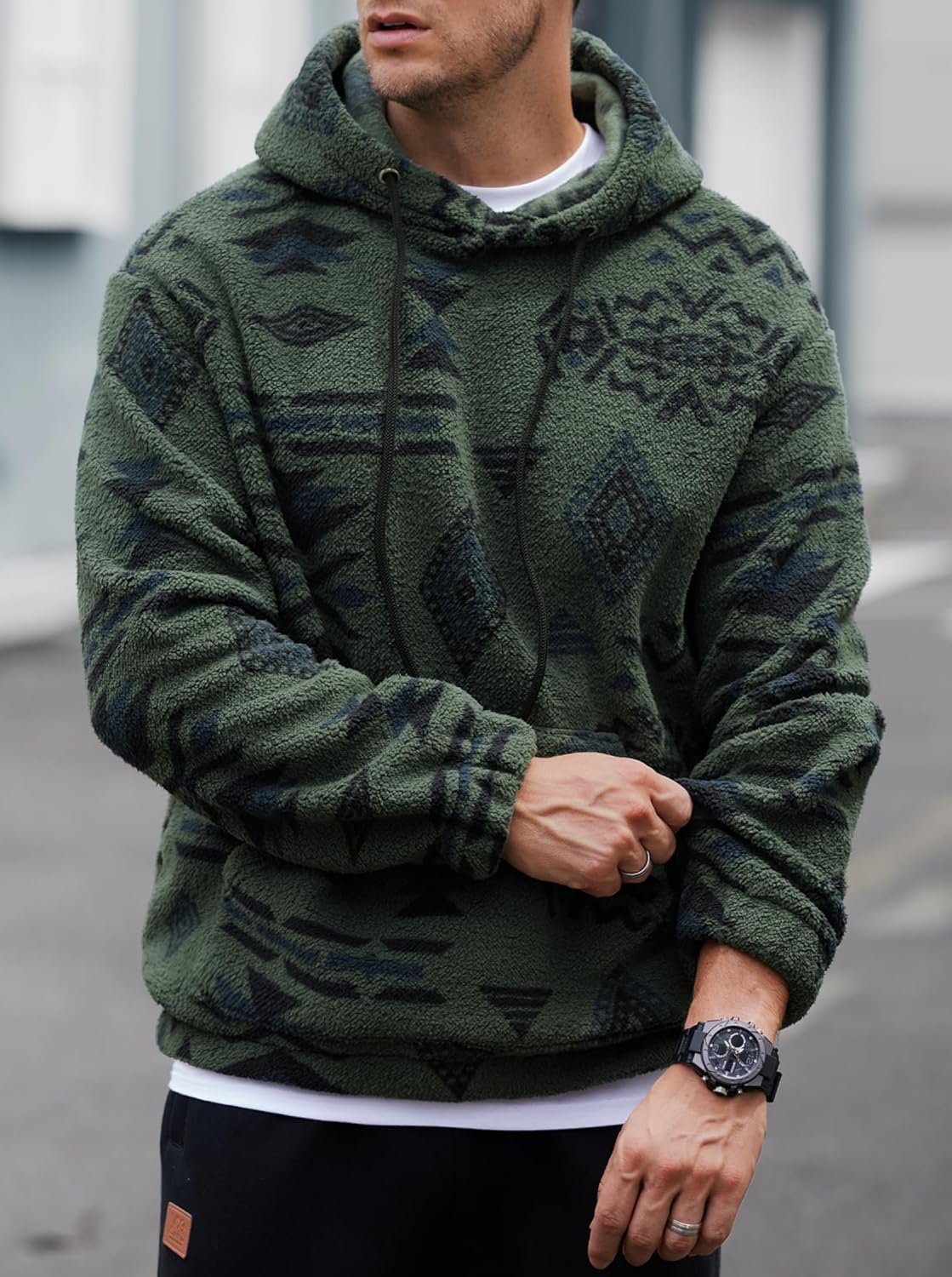 Mens Tribal Aztec Hoodie Sherpa Fluff Allover Print Long Sleeve Thermal Vintage Graphic Sweatshirt (S-XXL) - Image 4