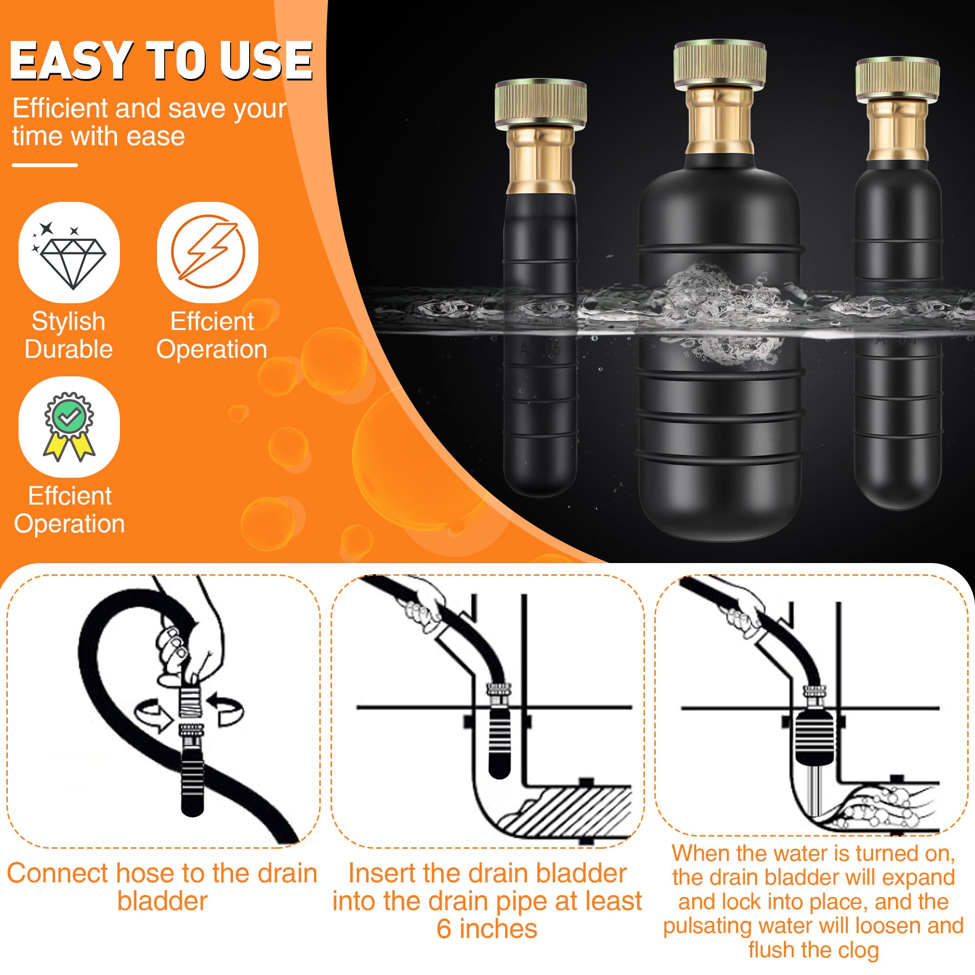 Enhon 3-Piece Drain Cleaning Bladder Kit – With Shut-Off Valve, Fits 1" To 6" Pipes, For Sewer Lines, Sinks, Showers - View #7