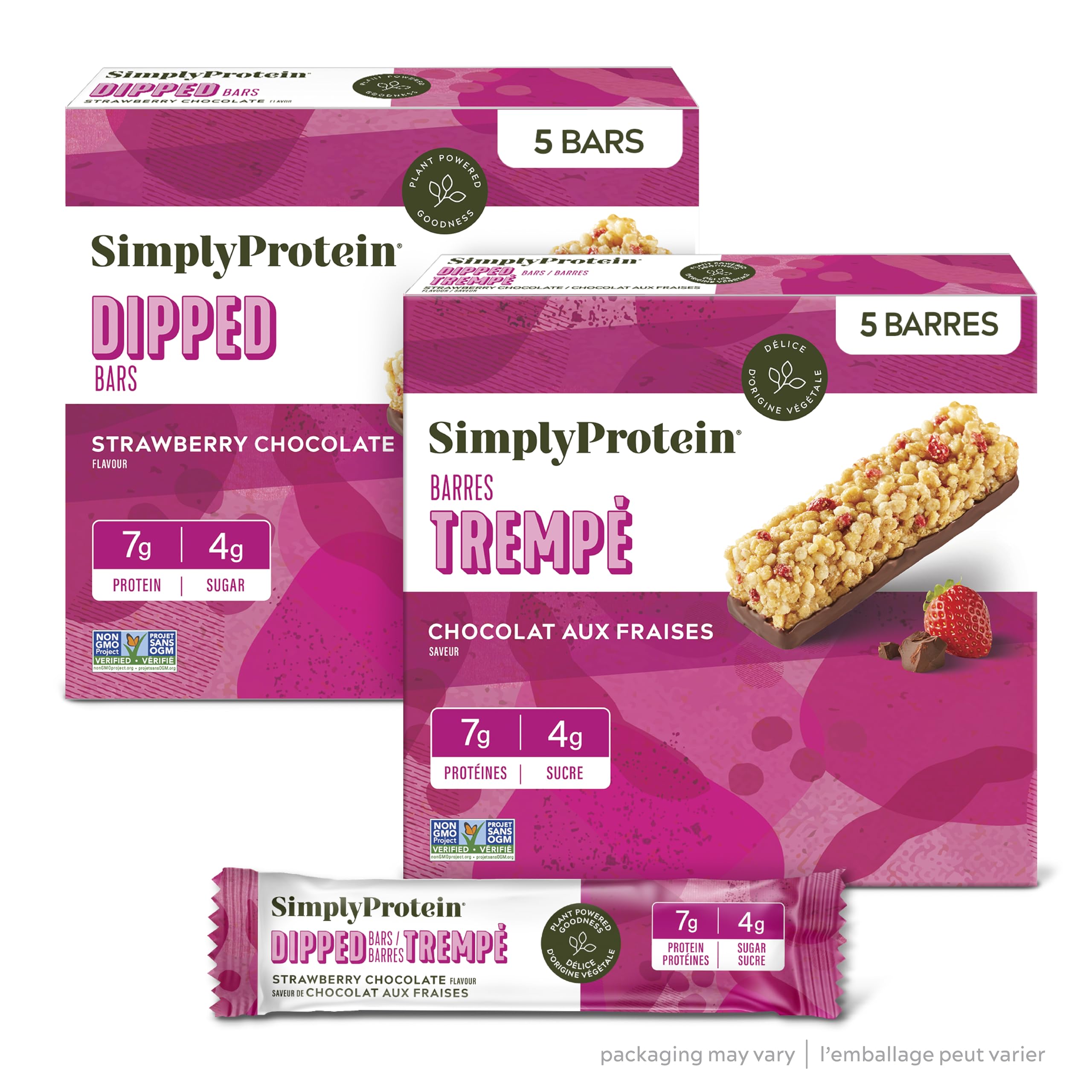 Simply Protein - Strawberry Chocolate Dipped Bars, 5 Bars - Plant Based Protein Snack Bars, Snacks for Kids - 7g Protein, 4g Sugar, 100 Calories - Vegan, Gluten Free, Non GMO, Kosher - 1 Box